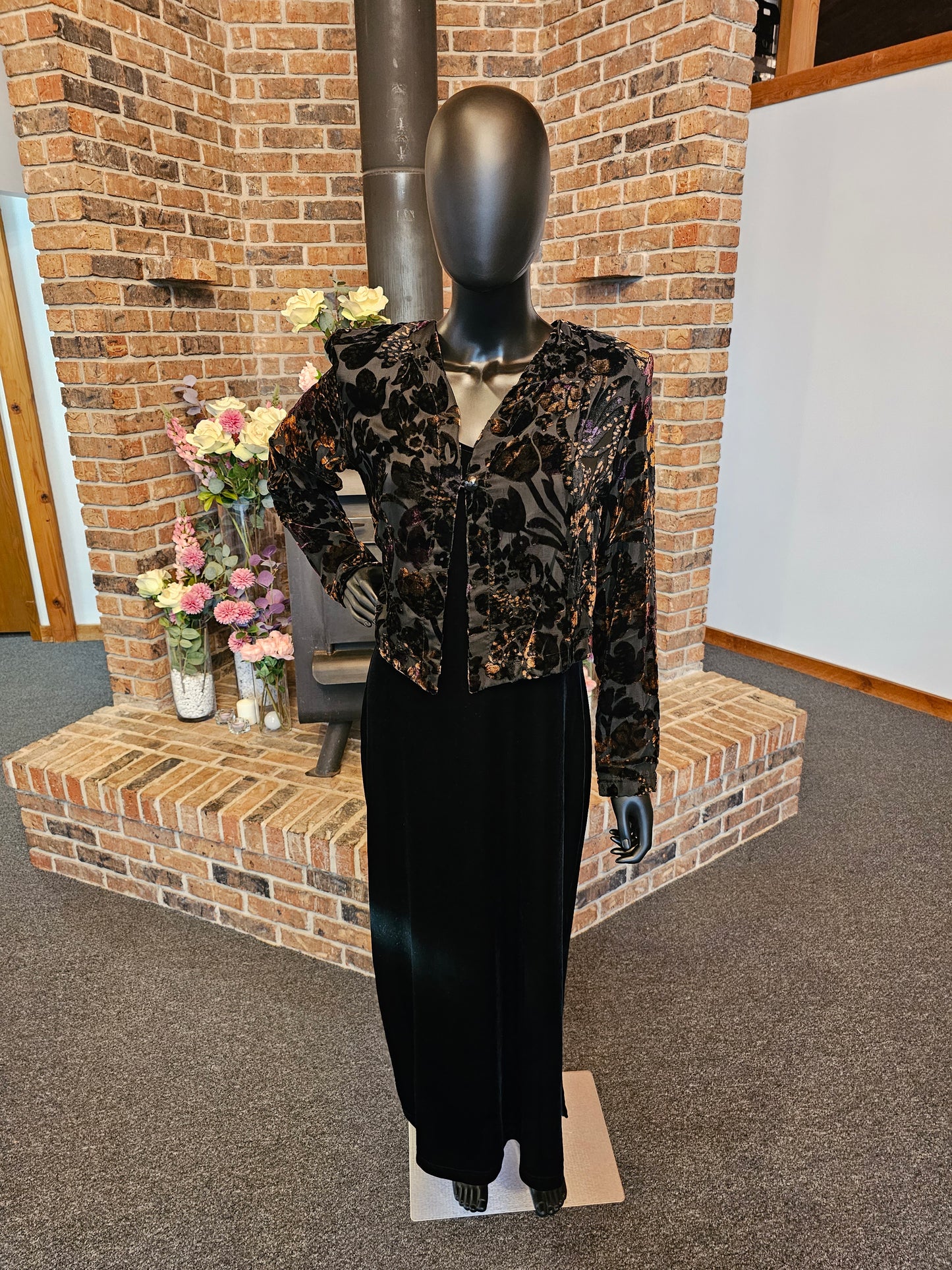 Black Velvet Formal Dress With Burnout Long Sleeve Jacket