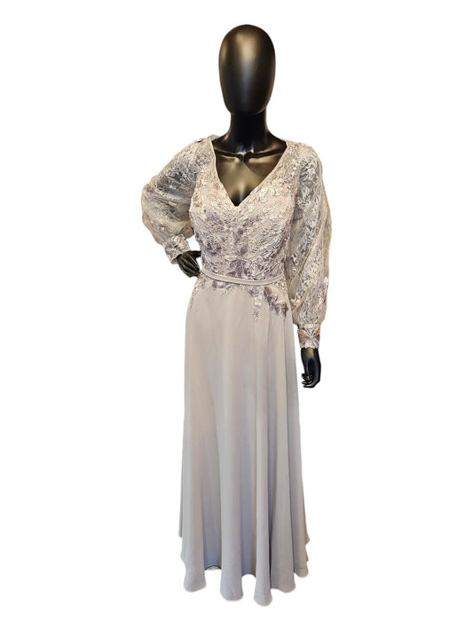 Grey/Silver Lace Sleeve Chiffon Maxi Formal Gown