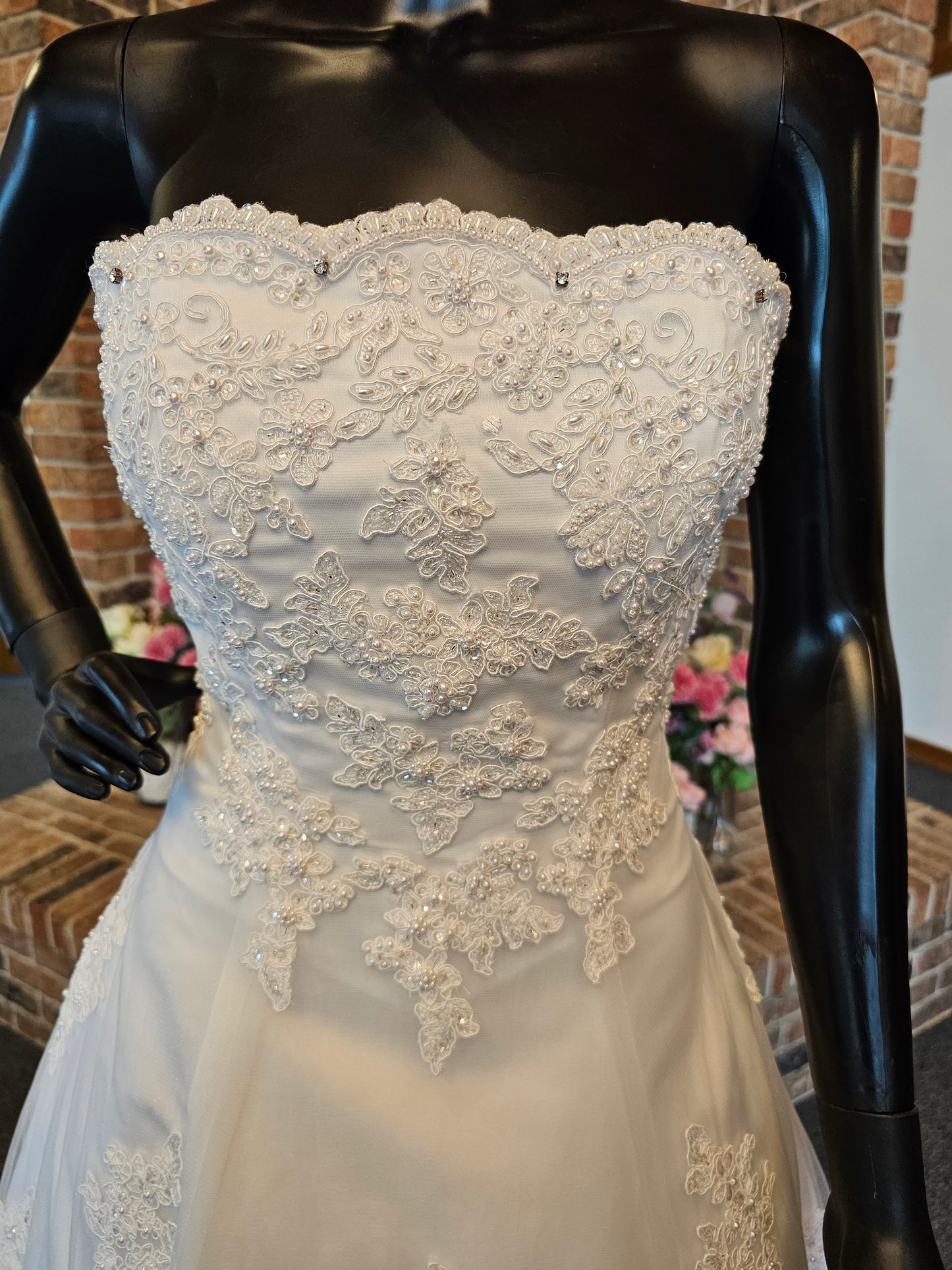 White Lace Overlay Strapless Wedding Gown