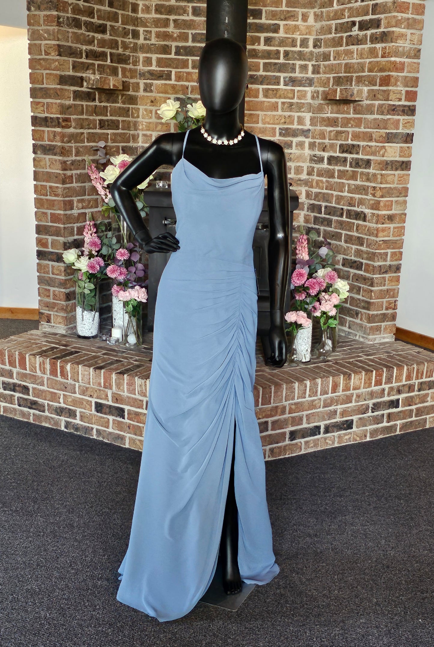 Hayley Paige Steel Blue Chiffon Spaghetti Maxi Formal Dress