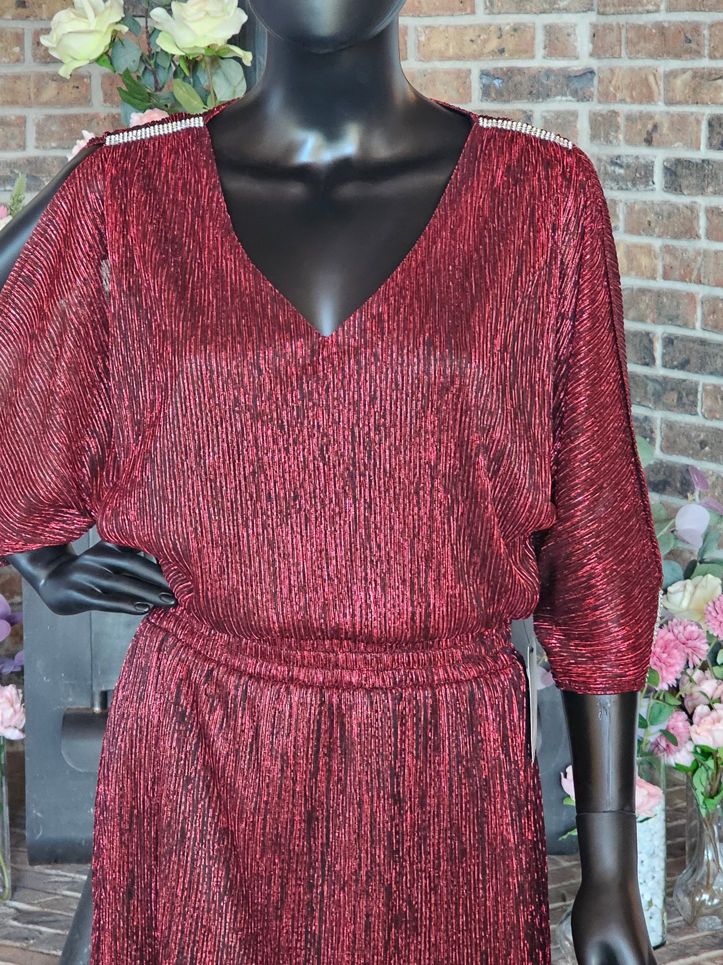 Red Shimmer Peekaboo Sleeve Party Dress