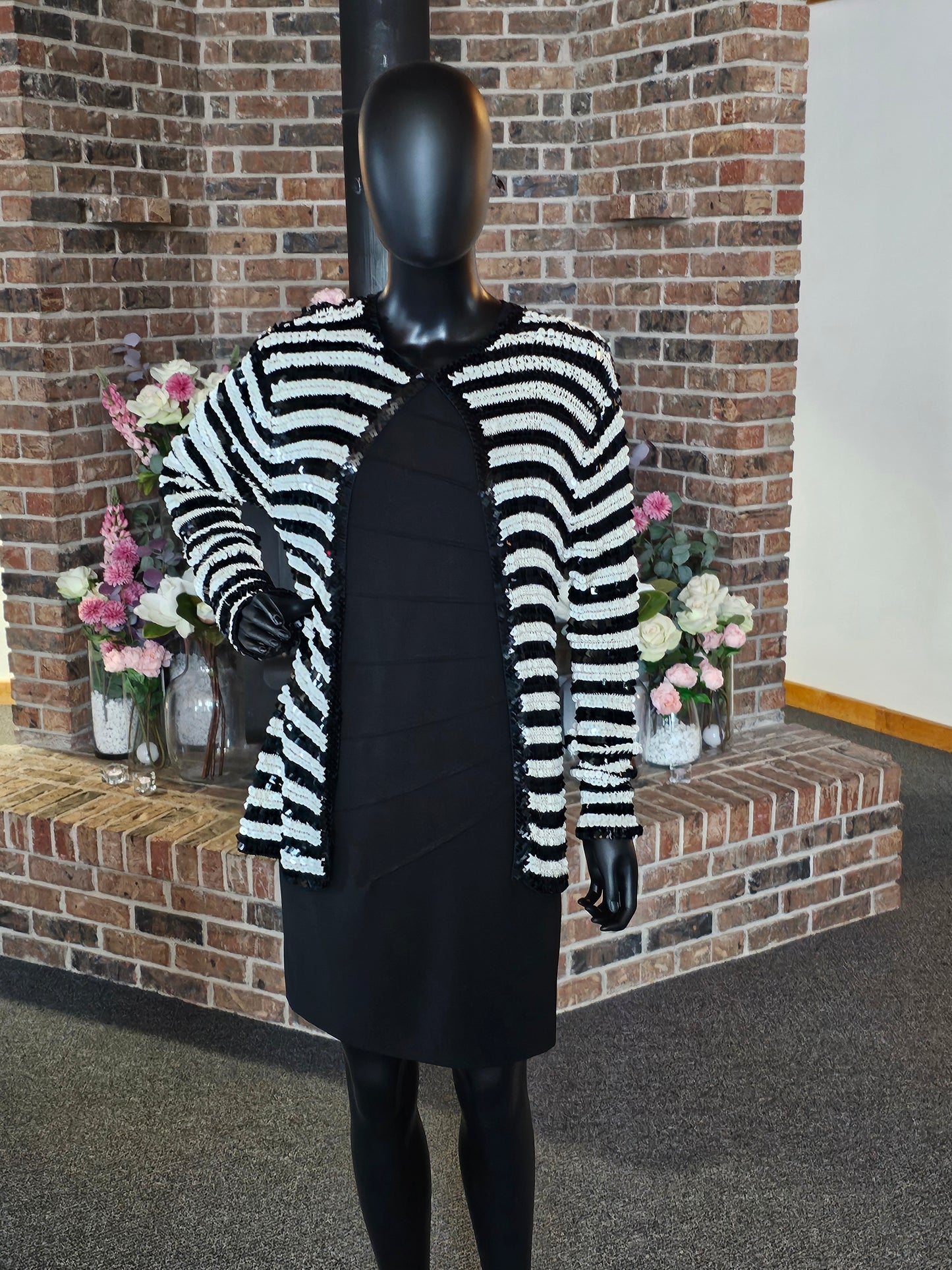 Anne Klein Black/White Sequin Stripe Cardigan