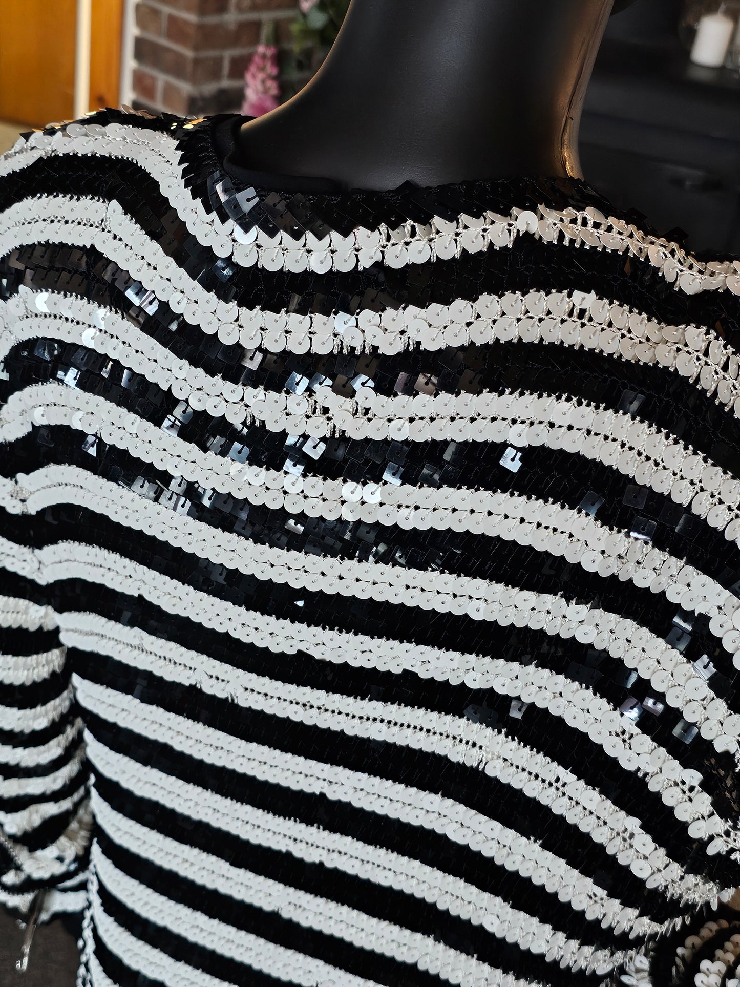 Anne Klein Black/White Sequin Stripe Cardigan