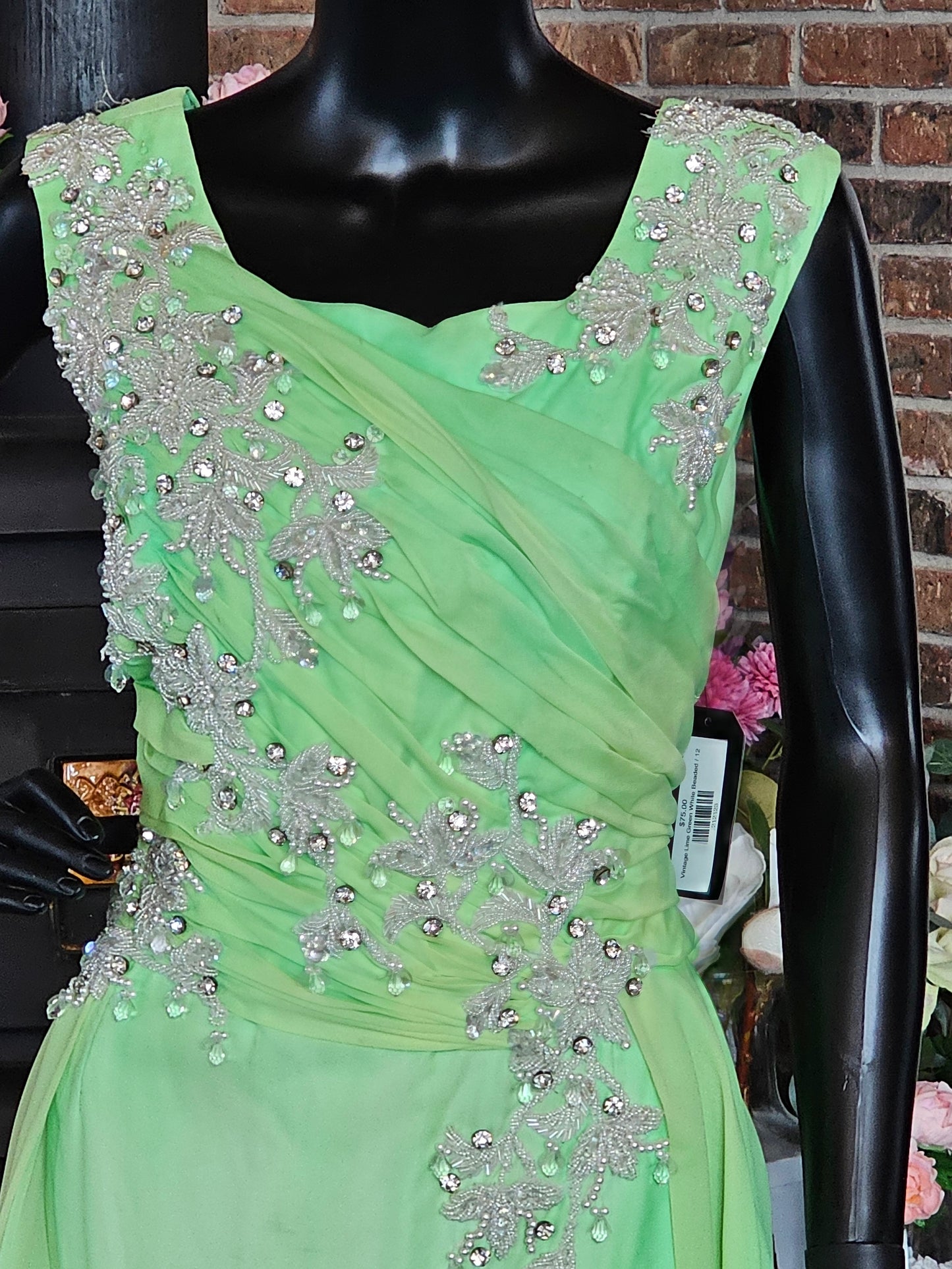 Vintage Lime Green White Beaded