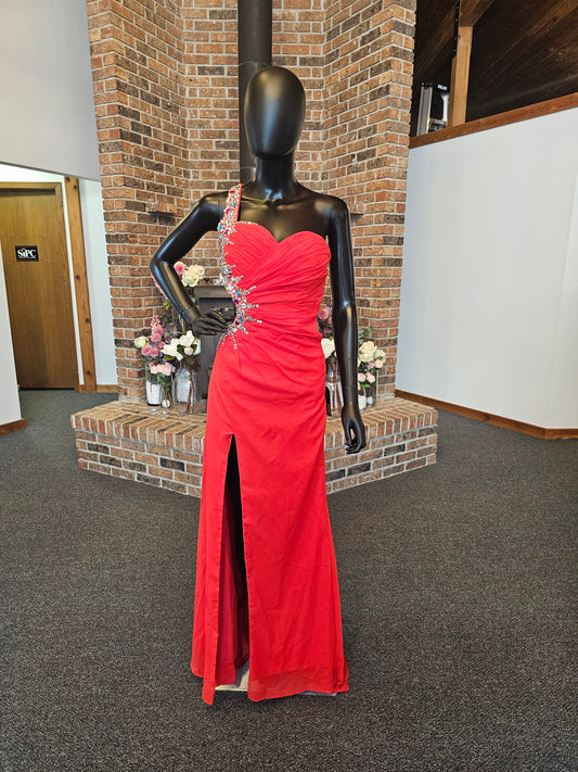 Red Chiffon One Shoulder Side Keyhole Crystal Accent Prom Dress