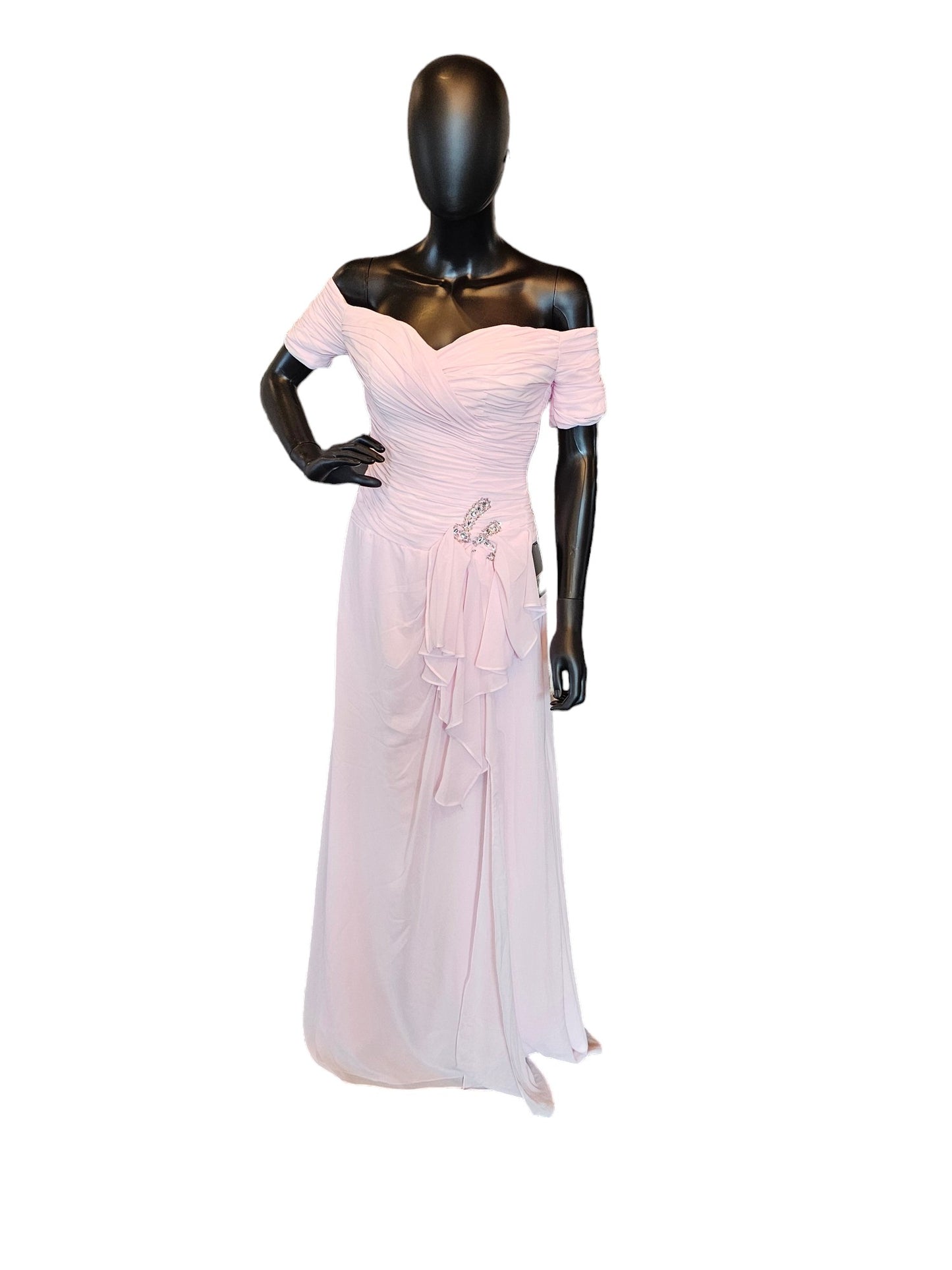 Blush Pink Chiffon Off-Shoulder Full Length Formal Gown