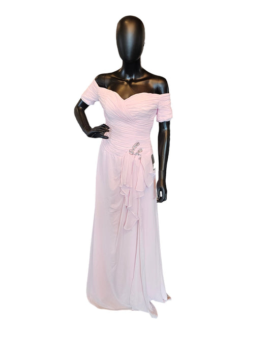 Blush Pink Chiffon Off-Shoulder Full Length Formal Gown