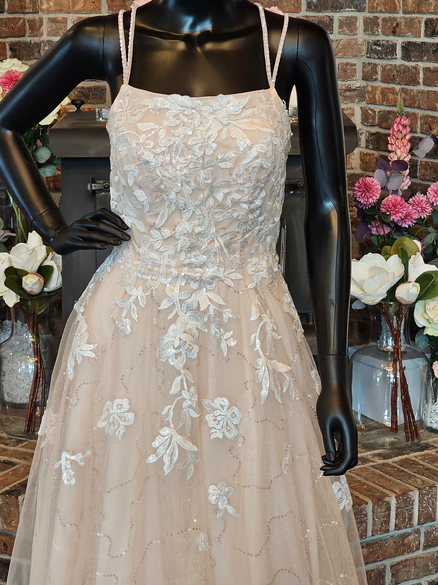 Peach Tulle White Floral Embroidery Formal Gown