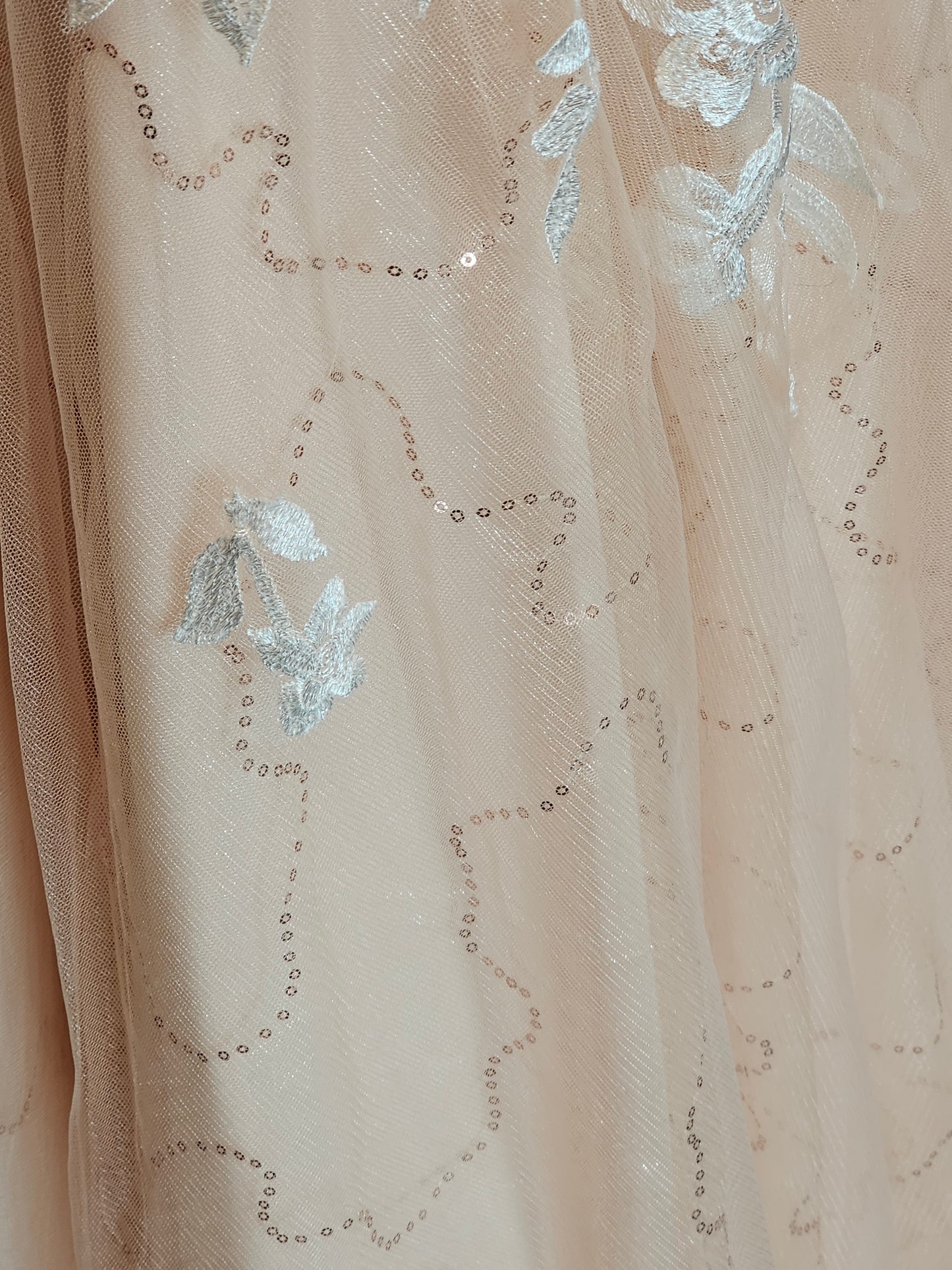 Peach Tulle White Floral Embroidery Formal Gown