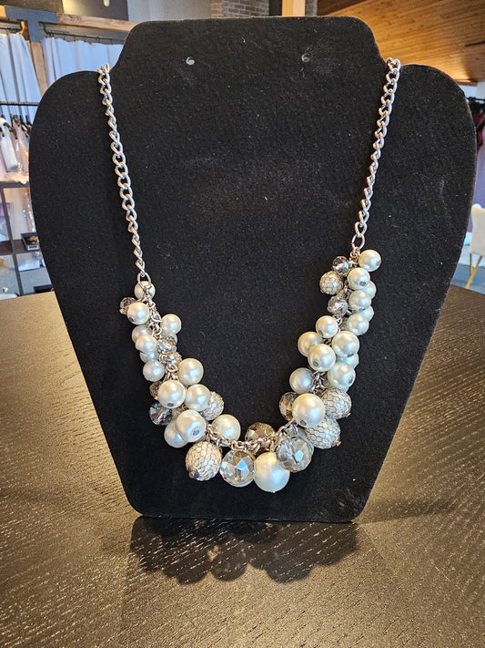 Silver Crytsal and Pearl Cluster Necklace