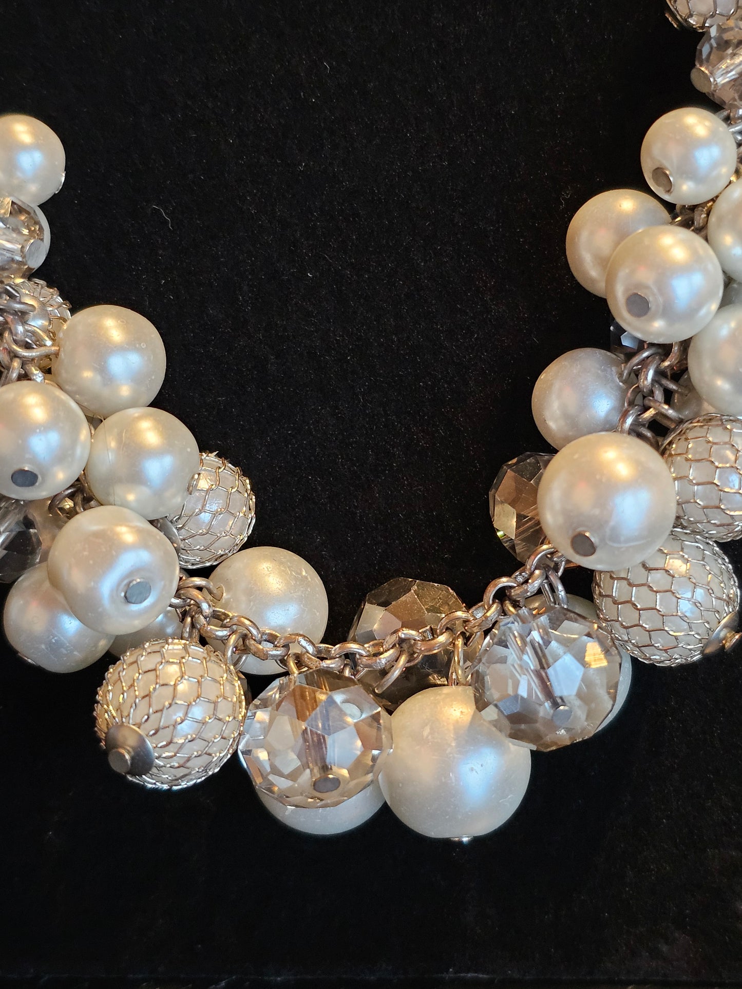 Silver Crytsal and Pearl Cluster Necklace