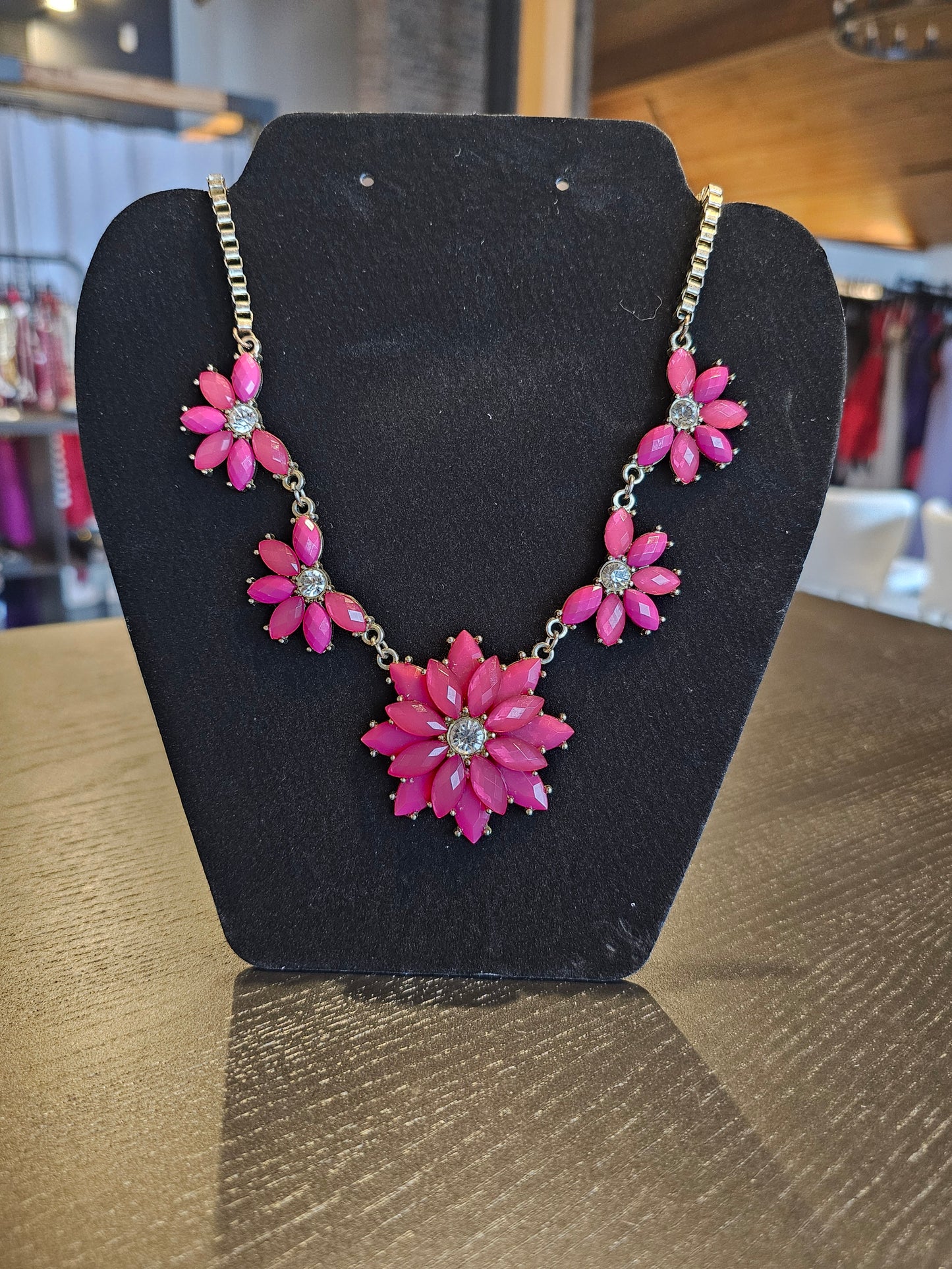 Fuchsia Crystal Flower Gold Necklace