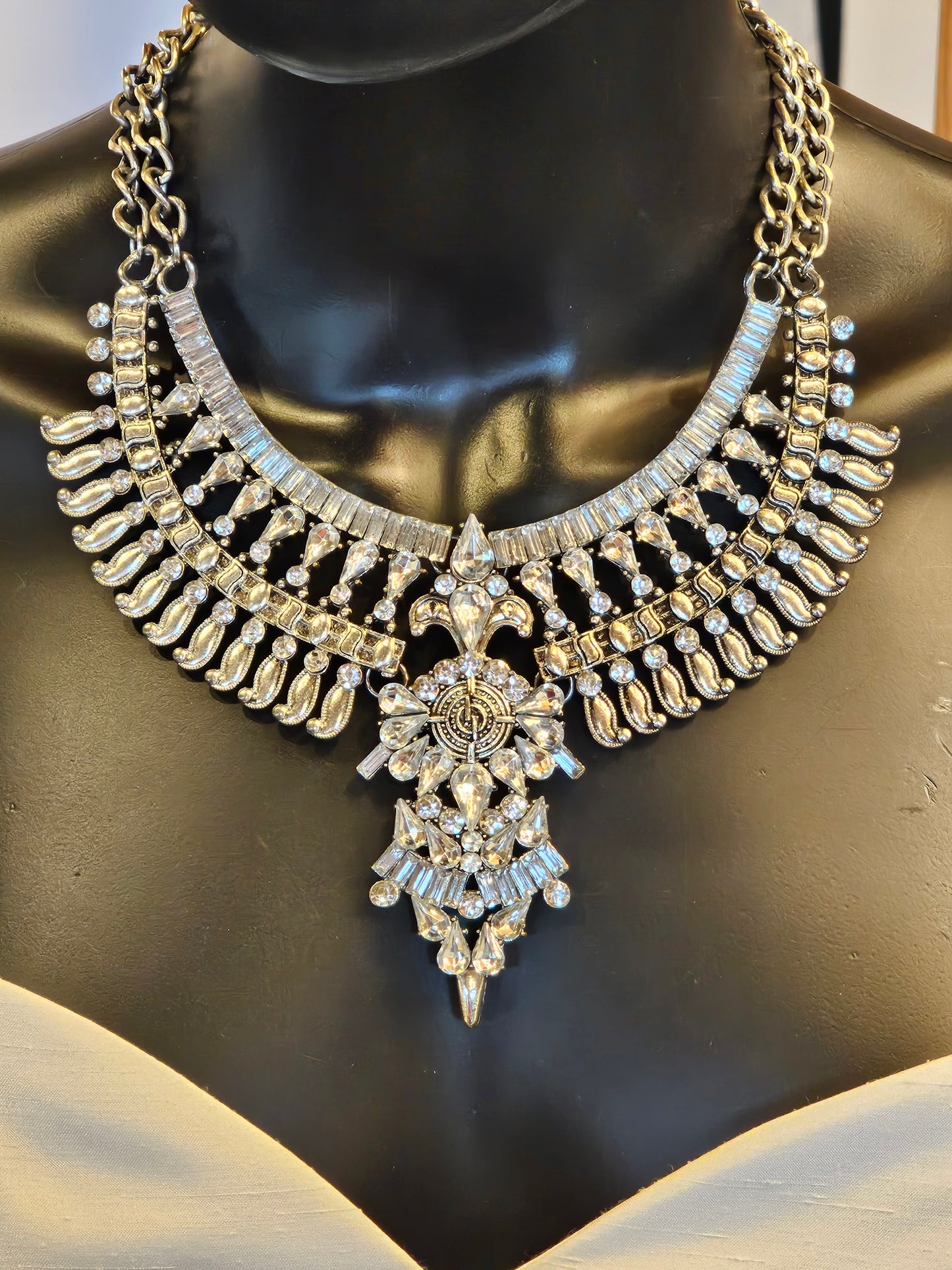 Cleopatra Silver/Crystal Collar Bib Necklace