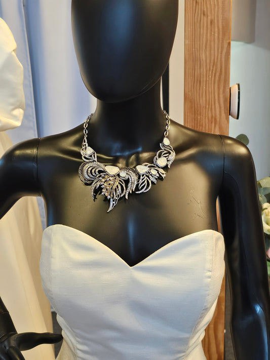 Asymmetrical Silver Crystal Bib Necklace