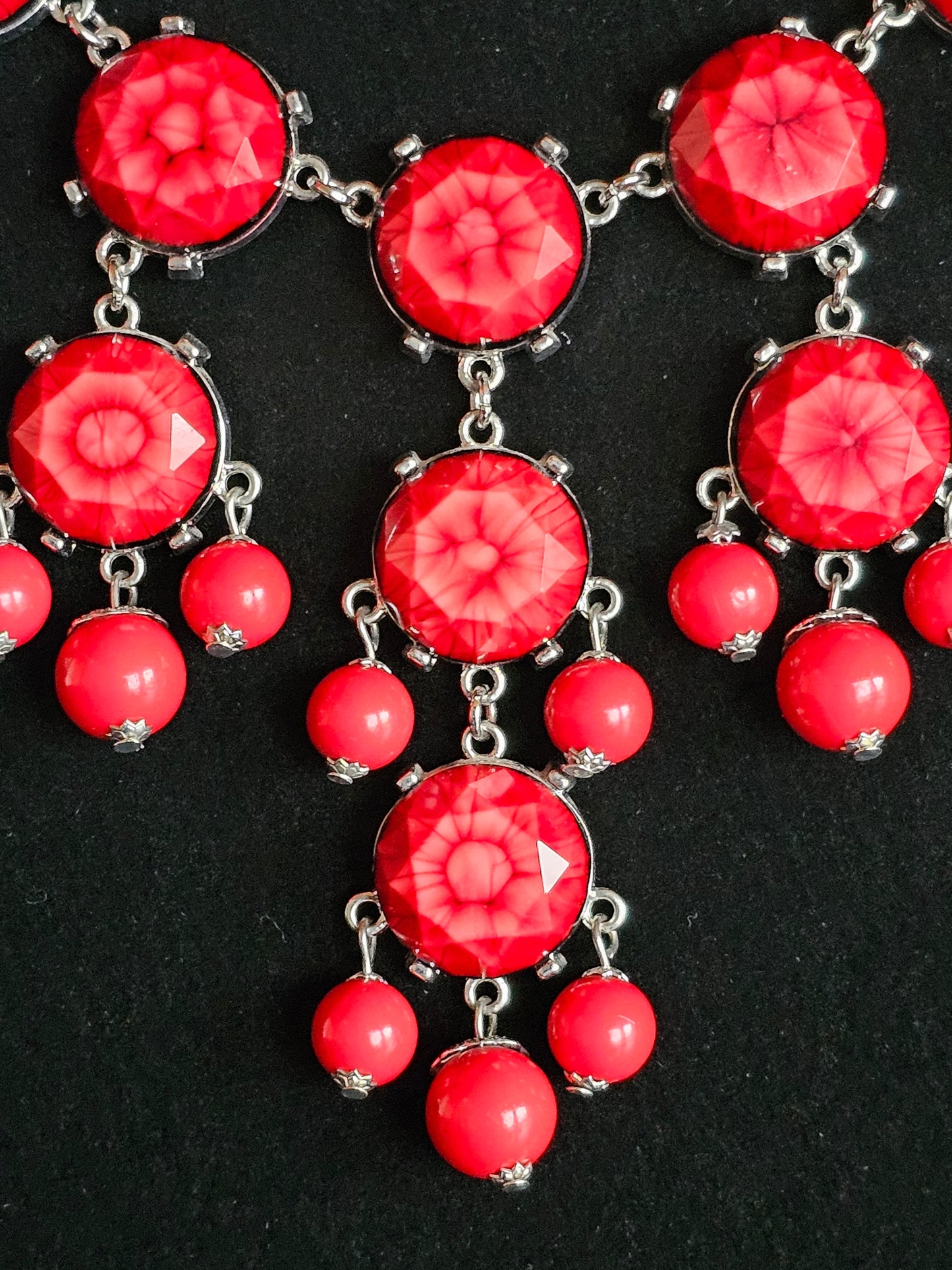 Red Bead Cascade Silver Necklace