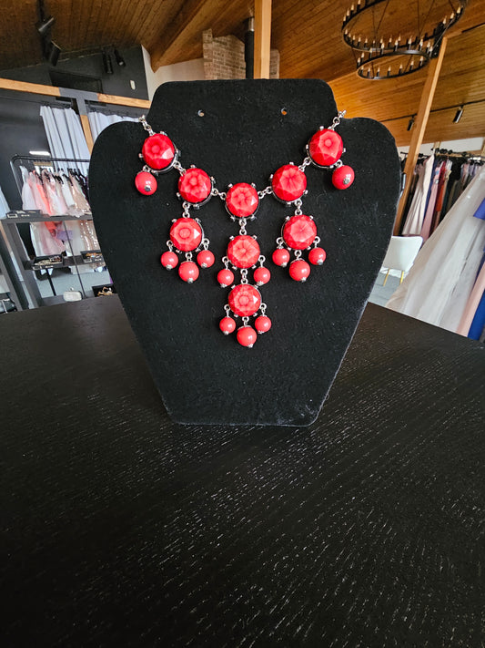 Red Bead Cascade Silver Necklace