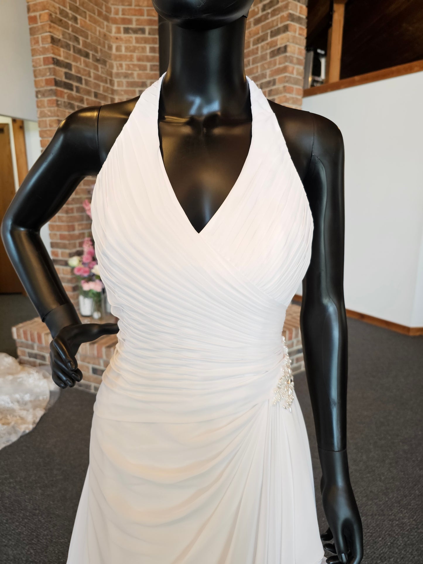 White Chiffon Asymmetrical Halter Wedding Gown