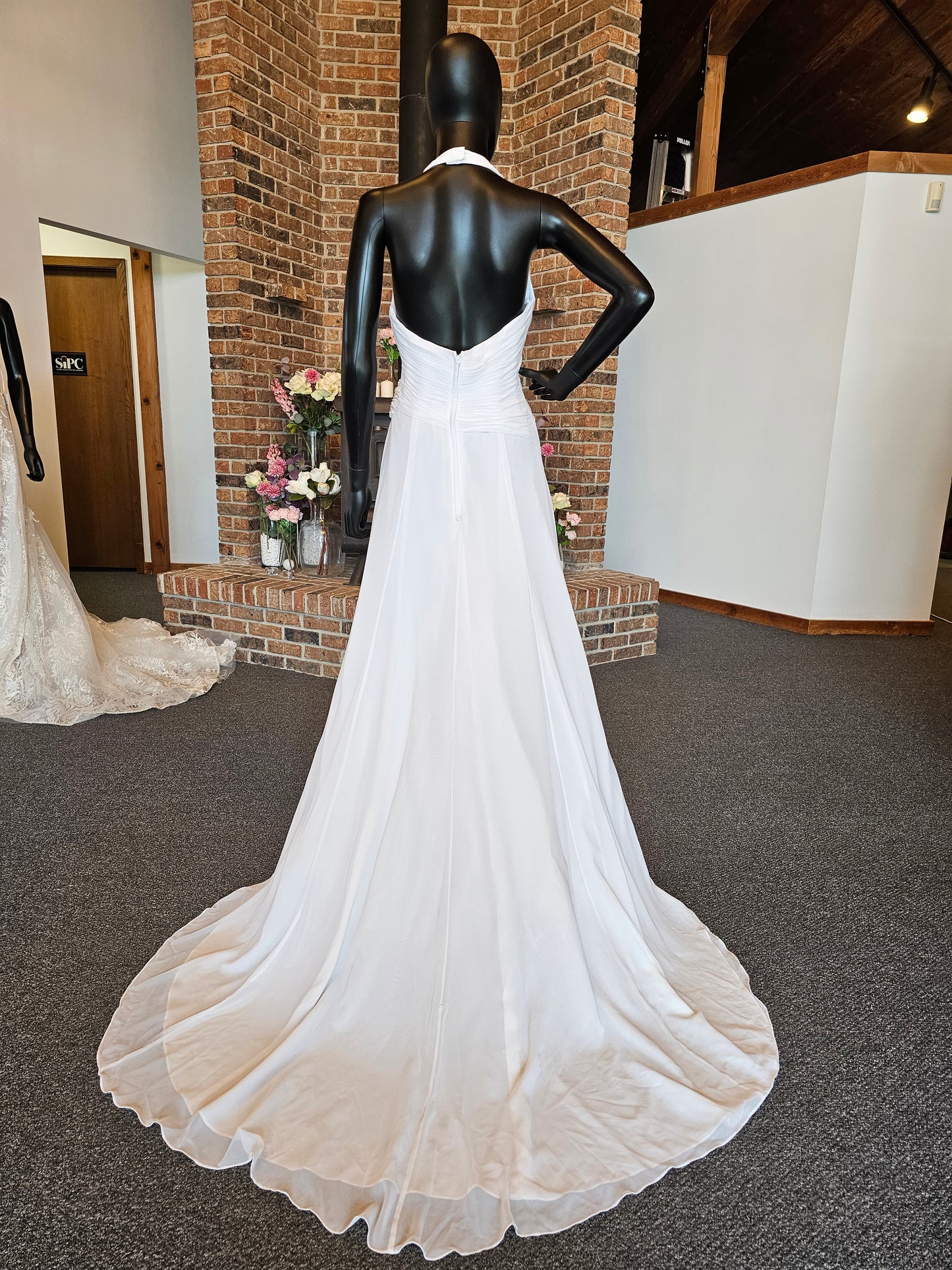 White Chiffon Asymmetrical Halter Wedding Gown