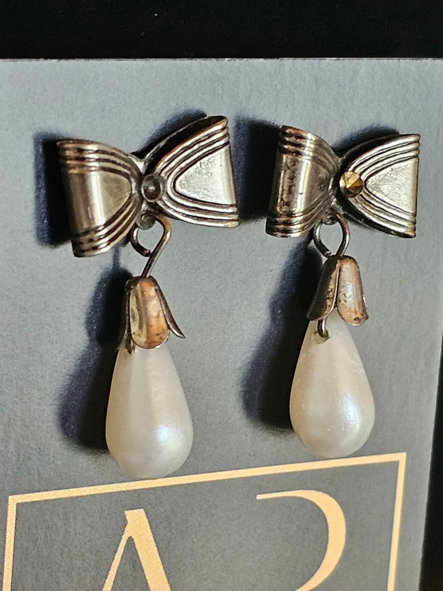 Vintage Silver Bow/Faux Pearl Drop Earring