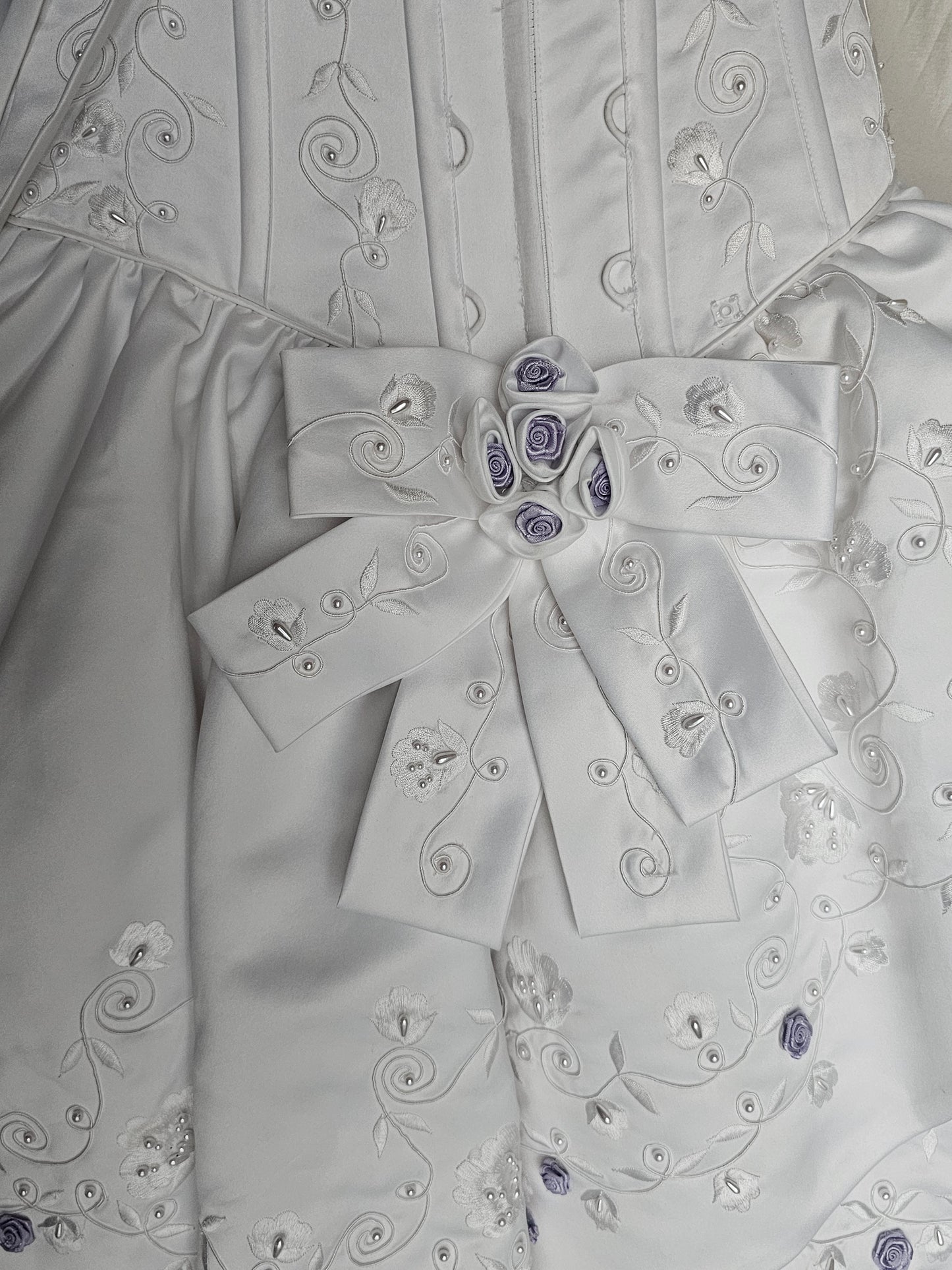 White Satin/Lavender Rose Detail Antebellum Wedding Gown