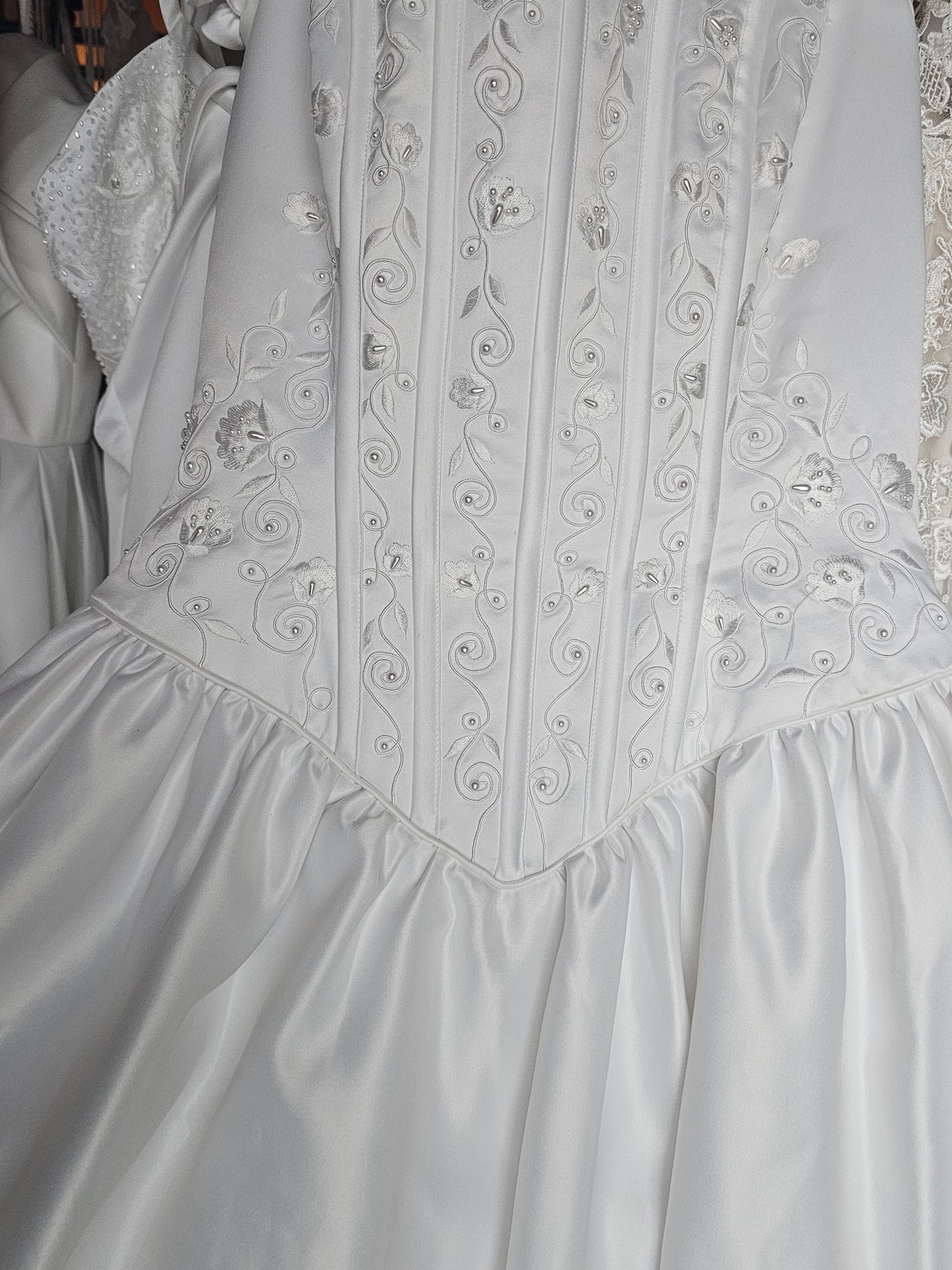 White Satin/Lavender Rose Detail Antebellum Wedding Gown