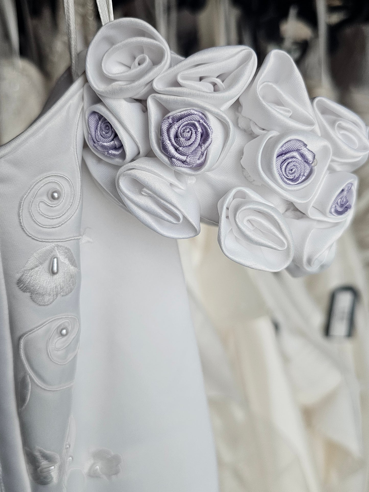 White Satin/Lavender Rose Detail Antebellum Wedding Gown