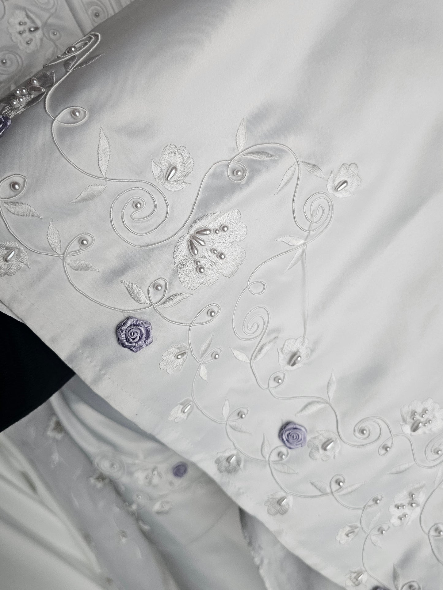 White Satin/Lavender Rose Detail Antebellum Wedding Gown