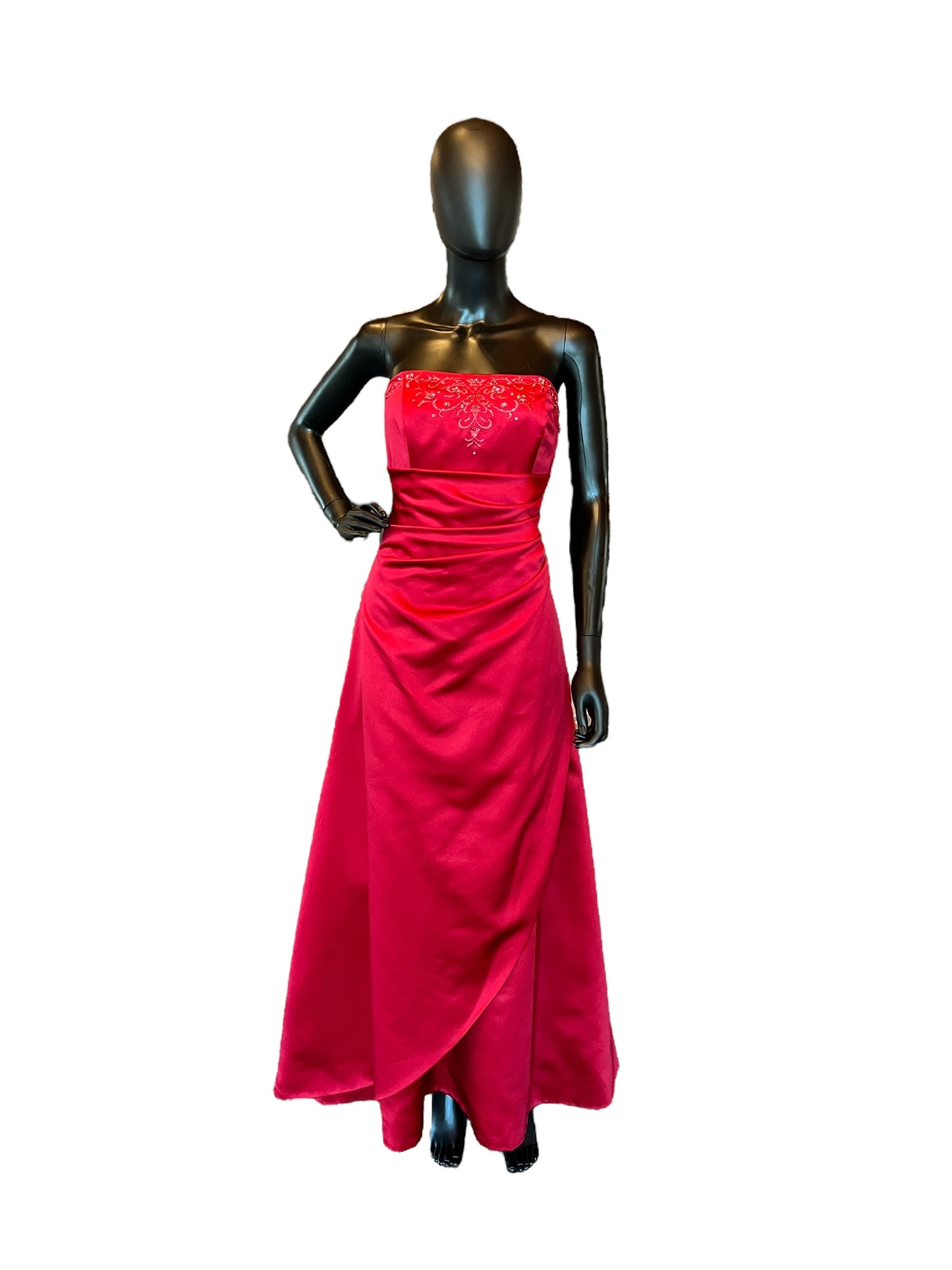 Davids Bridal Red Satin Side Sweep Bridesmaid Full Length Formal Gown