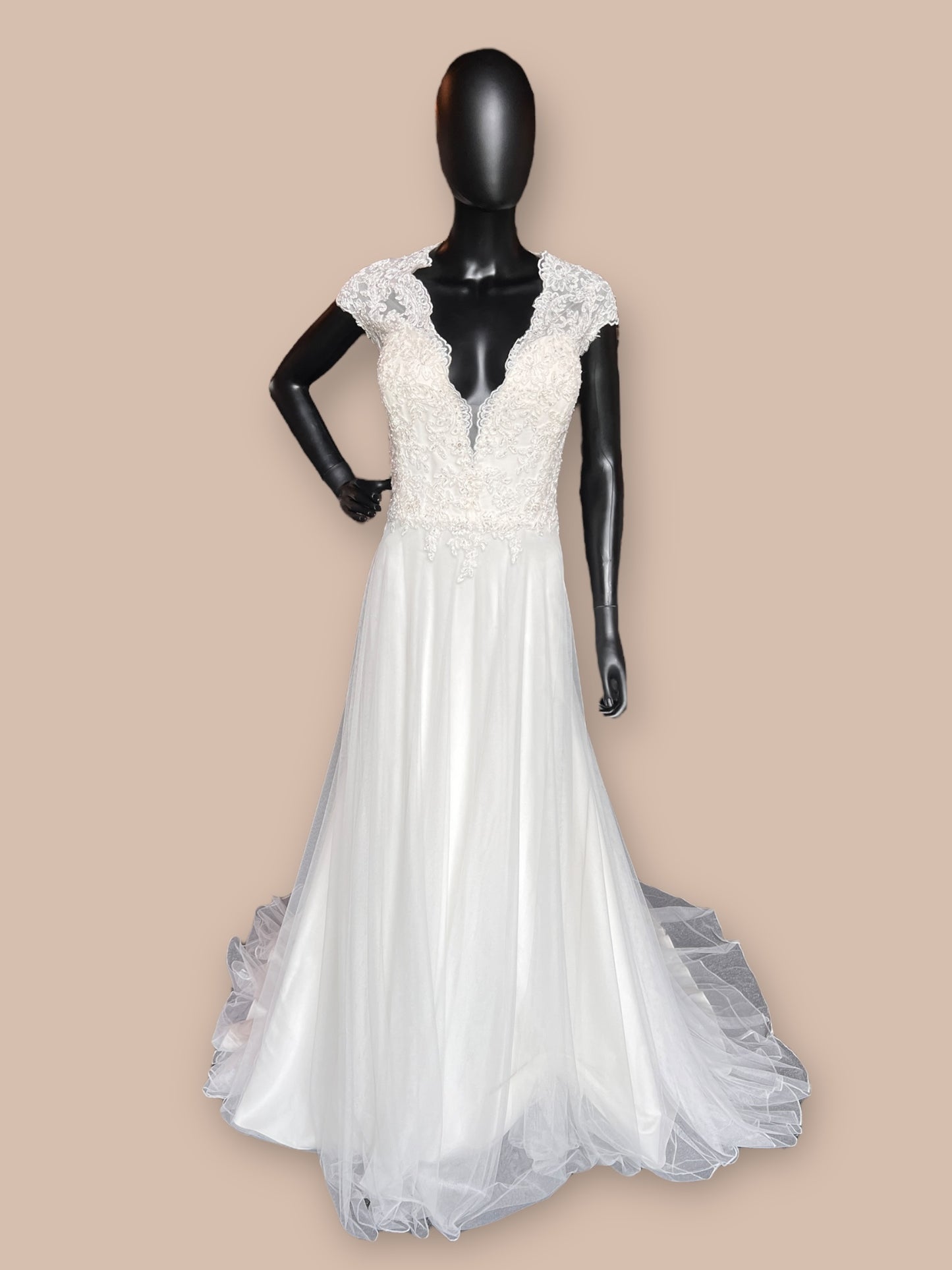 Queen Anne Lace Sleeve Plunge Neckline Wedding Gown - Omelie OM3228