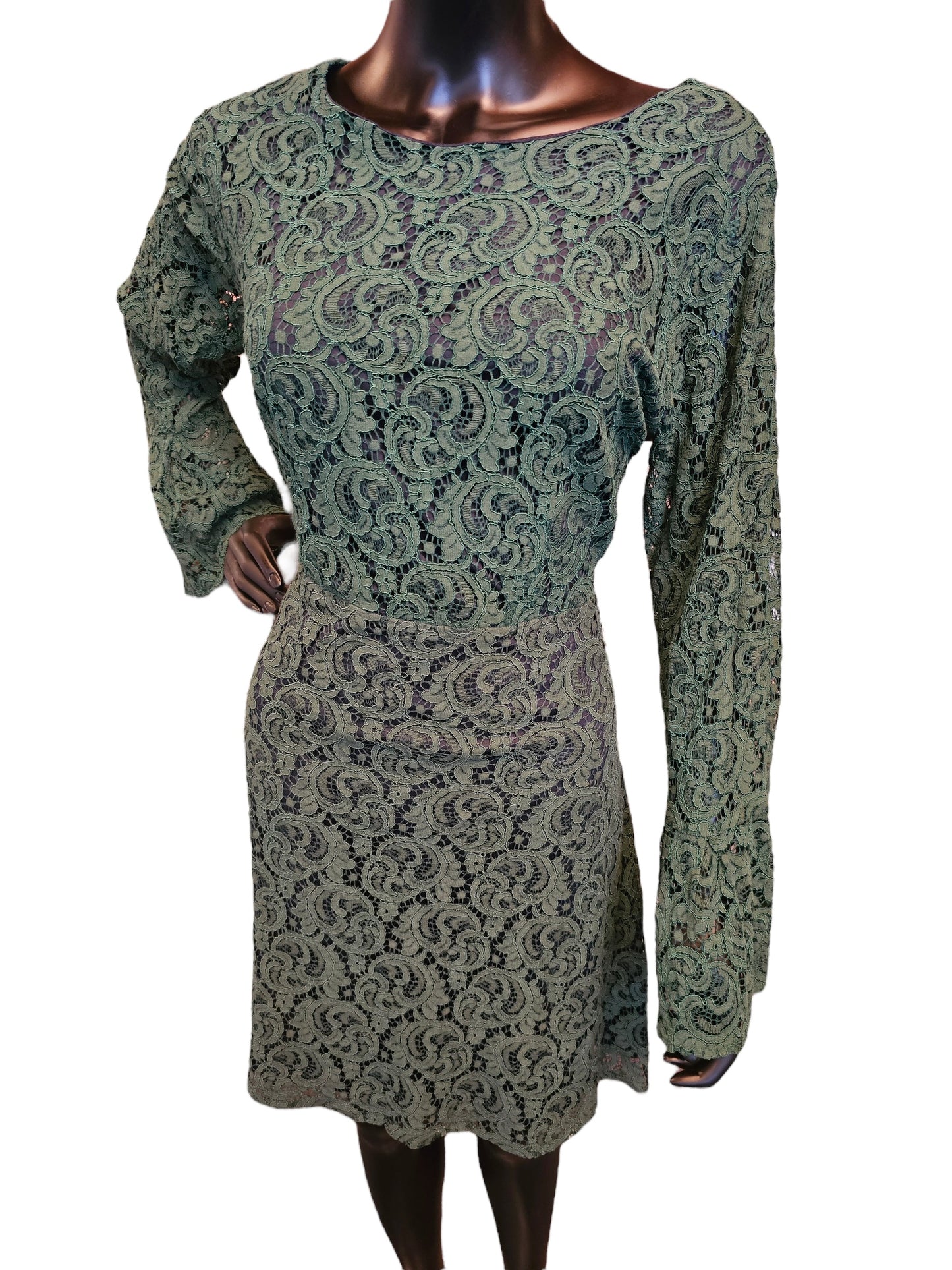 Green Lace Long Sleeve Casual Dress