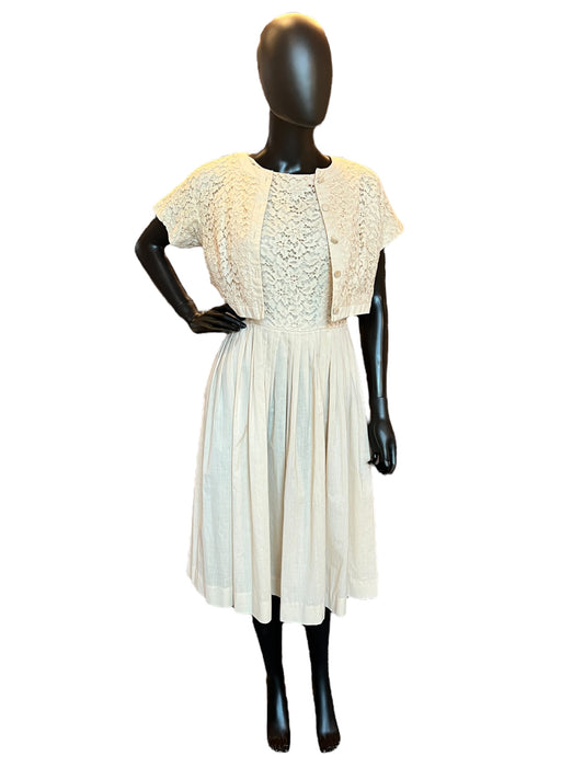 Vintage 50s Cream Cotton Lace Cocktail Dress