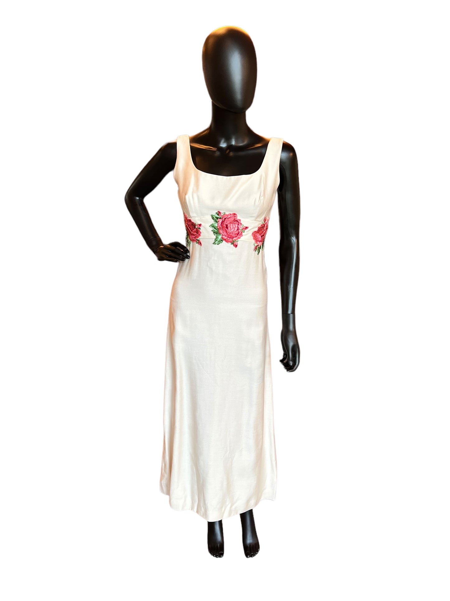 Vintage 60s Cream Linen Rose Appliqué Party Dress / Cocktail Dress / Evening Gown