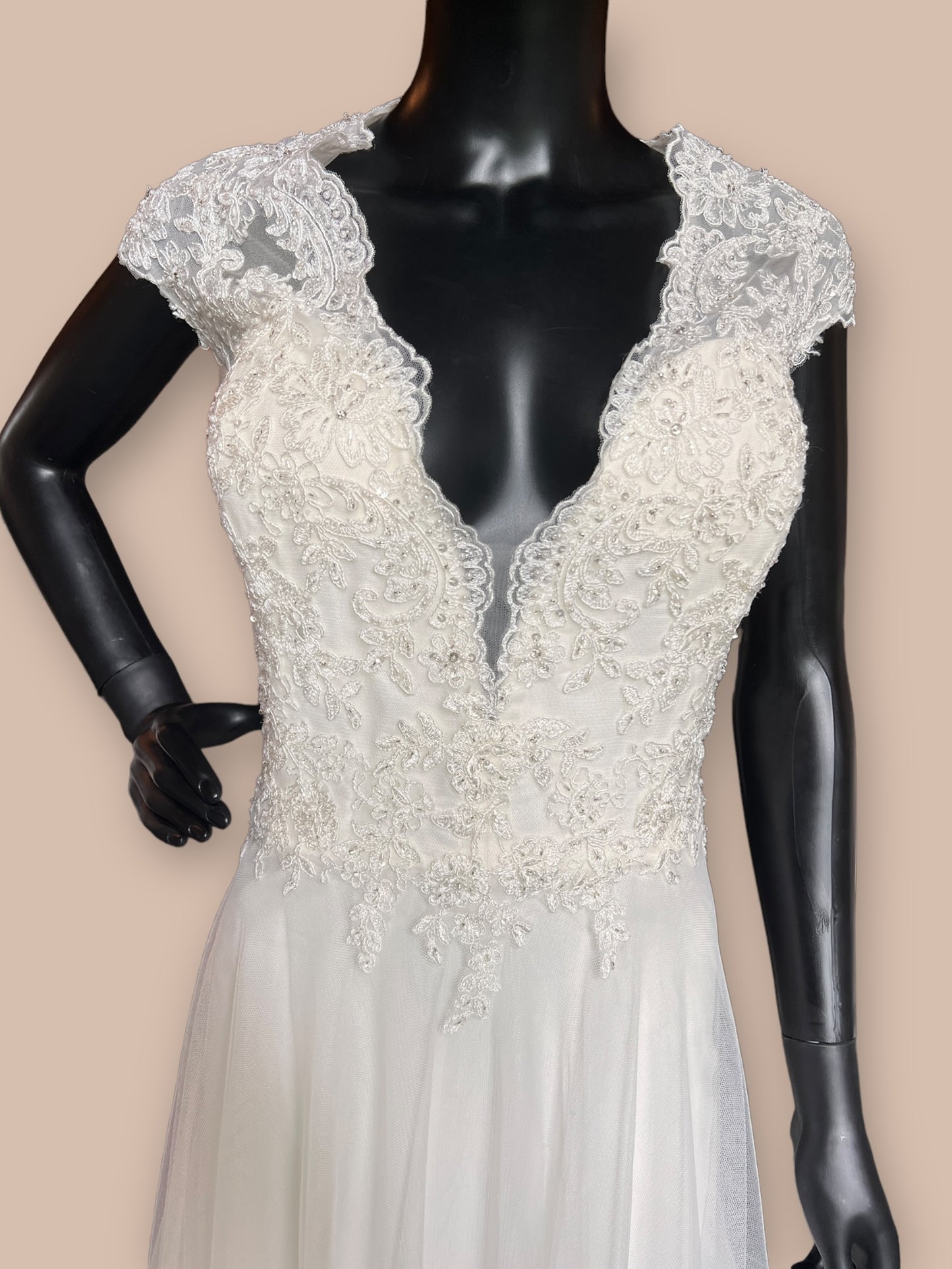 Queen Anne Lace Sleeve Plunge Neckline Wedding Gown - Omelie OM3228