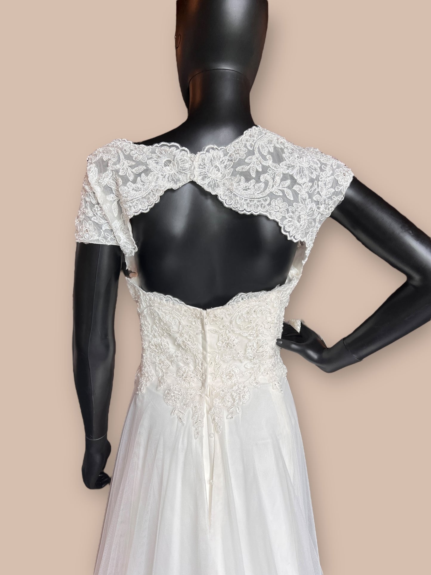 Queen Anne Lace Sleeve Plunge Neckline Wedding Gown - Omelie OM3228