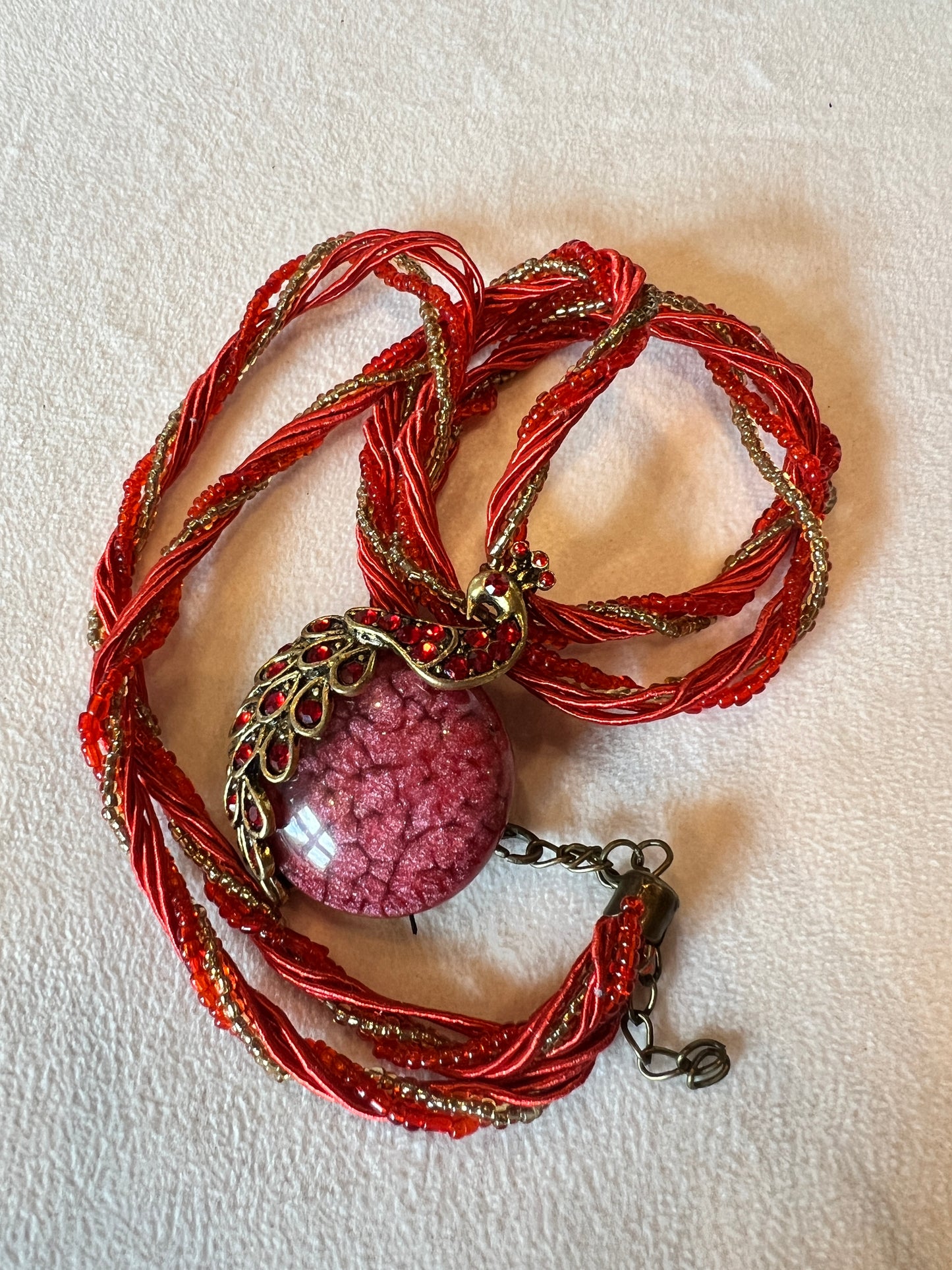 Red Beaded / Stone Peacock Necklace