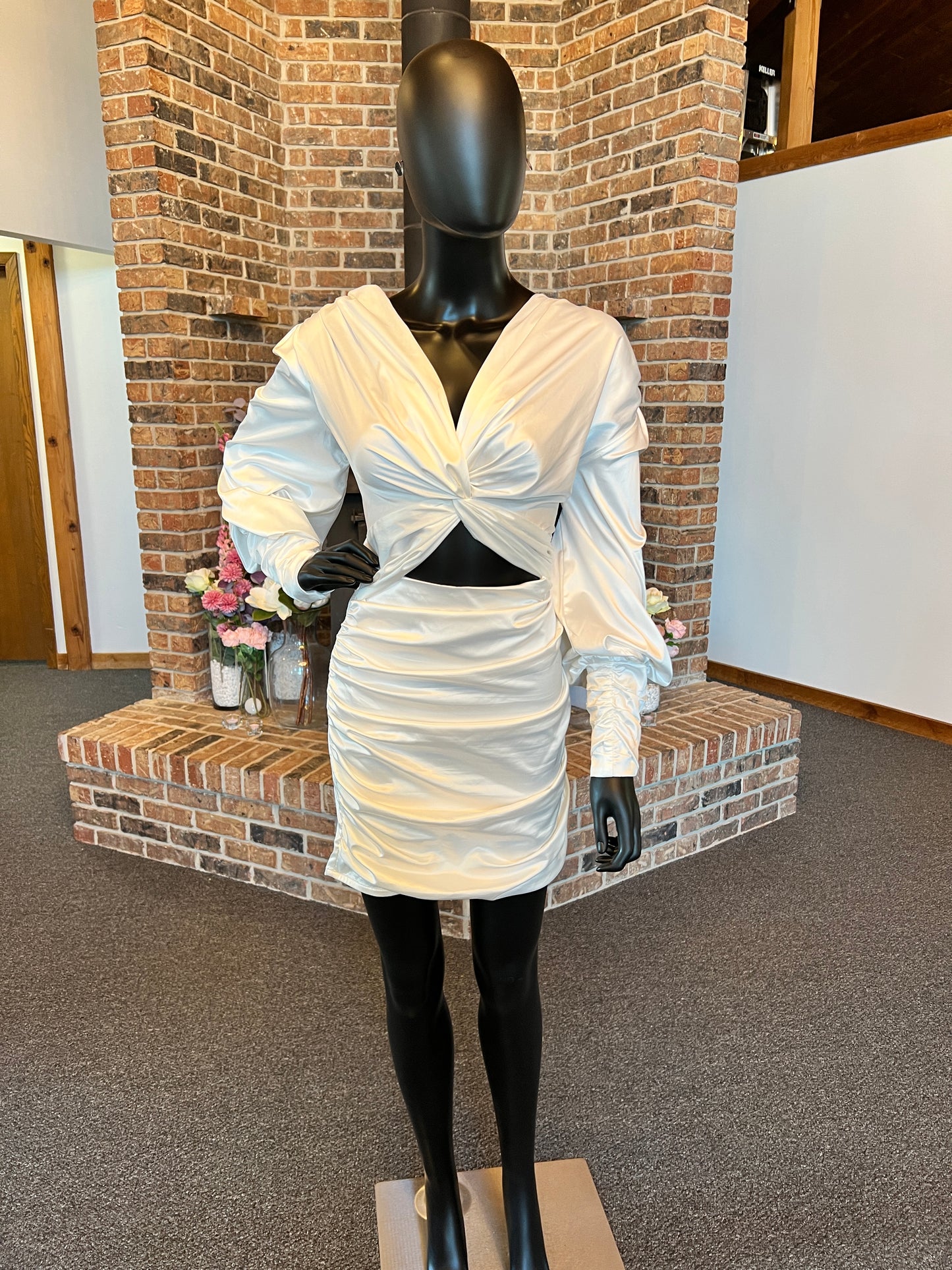 White Charmeuse Long Sleeve Short Dress