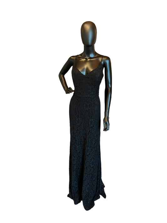 Hayley Paige Corded Black Lace Maxi Formal Dress