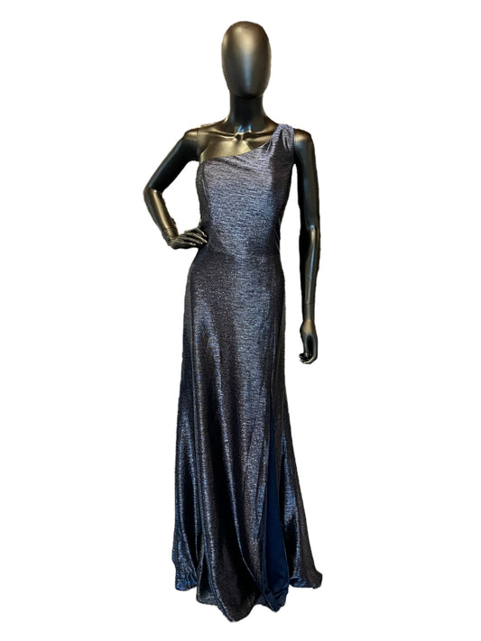 Hayley Paige Liquid Metallic Navy One Shoulder Maxi Formal Dress