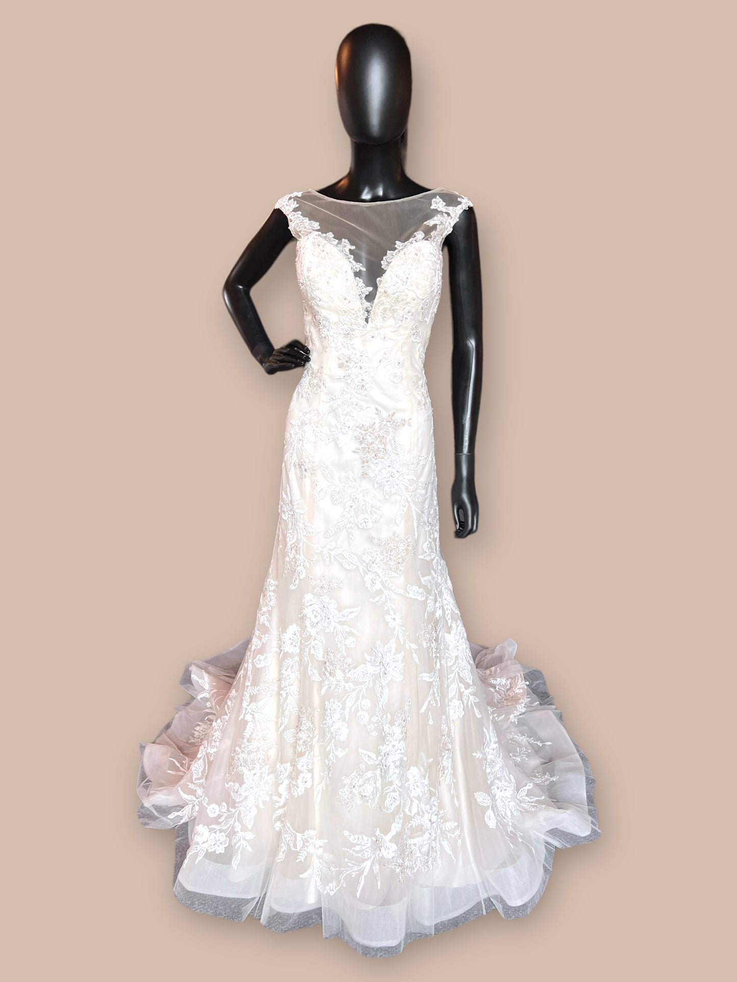 Illusion V-Neck Lace Flare - Omelie OM1794 Wedding Gown