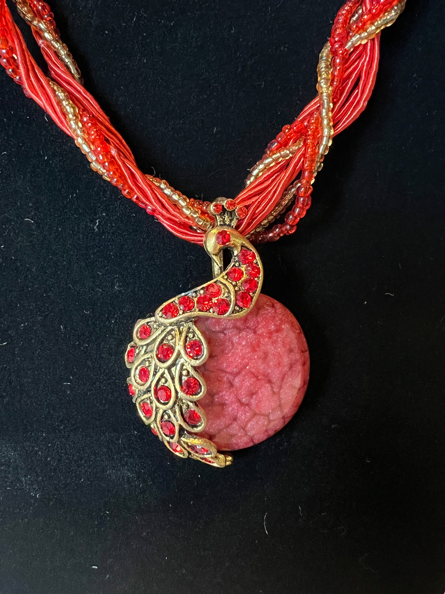 Red Beaded / Stone Peacock Necklace