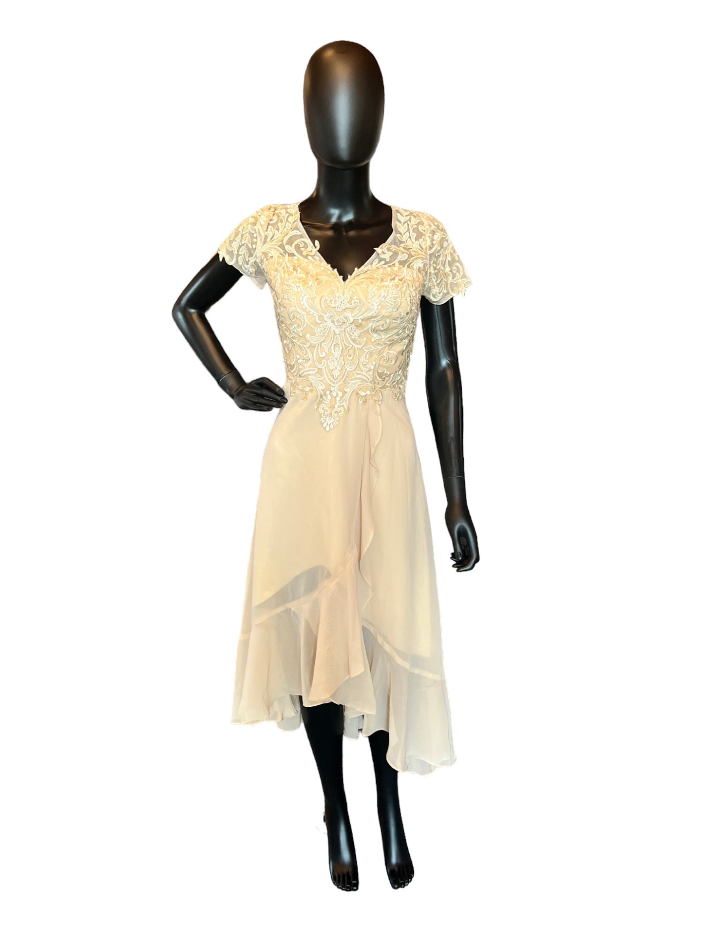 Champagne High-Low Lace Illusion Cocktail Dress