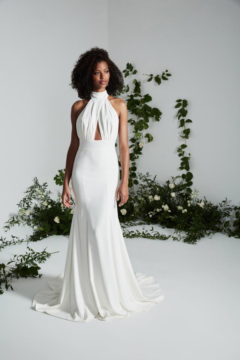 White Crossed Halter Fitted Wedding Gown - Theia Maple