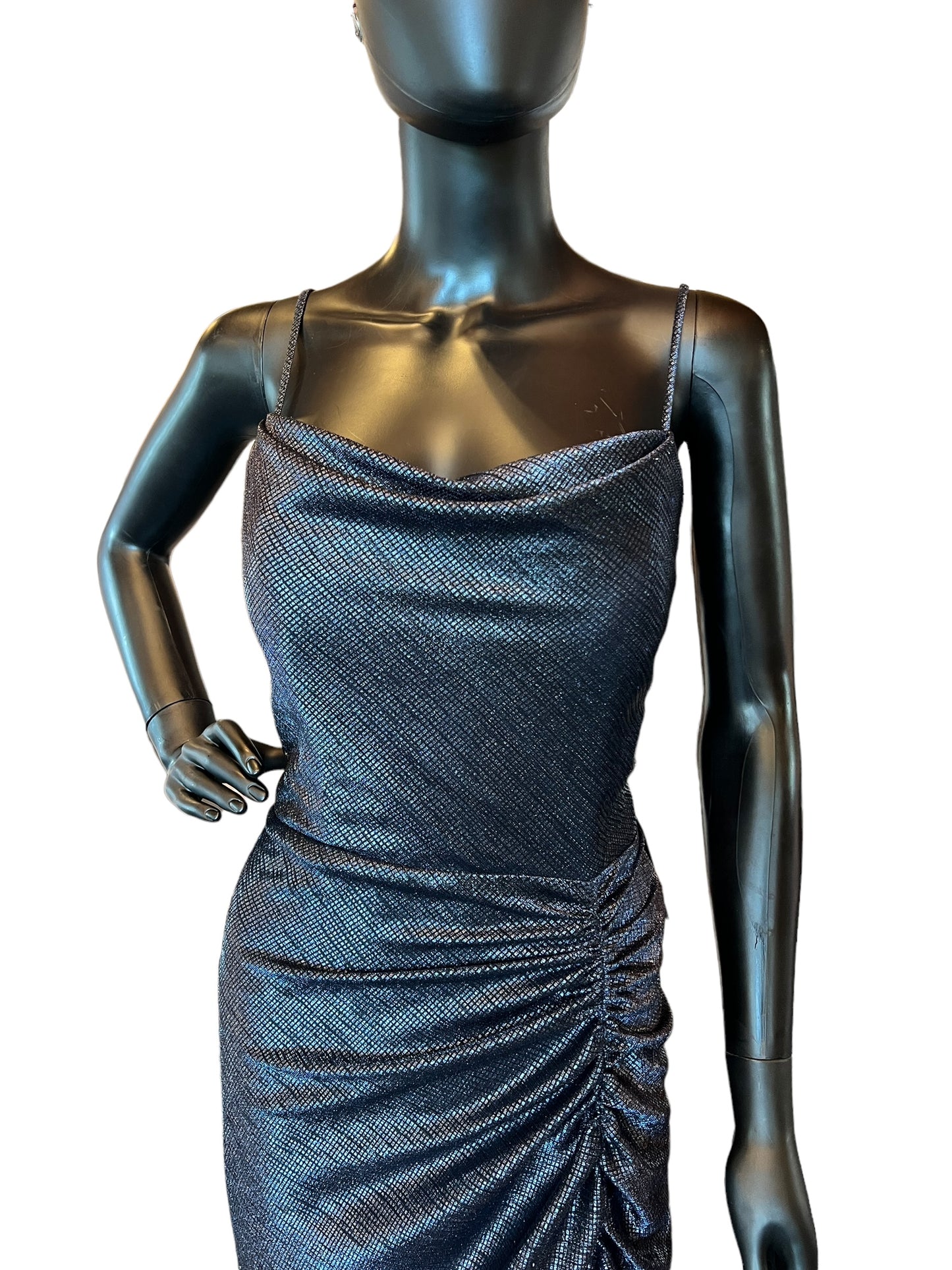 Hayley Paige Liquid Metallic Navy Bridesmaid Maxi Formal Dress