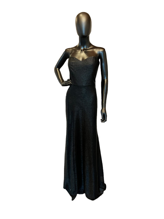 Hayley Paige Liquid Metallic Navy Sweetheart Strapless Maxi Formal Dress