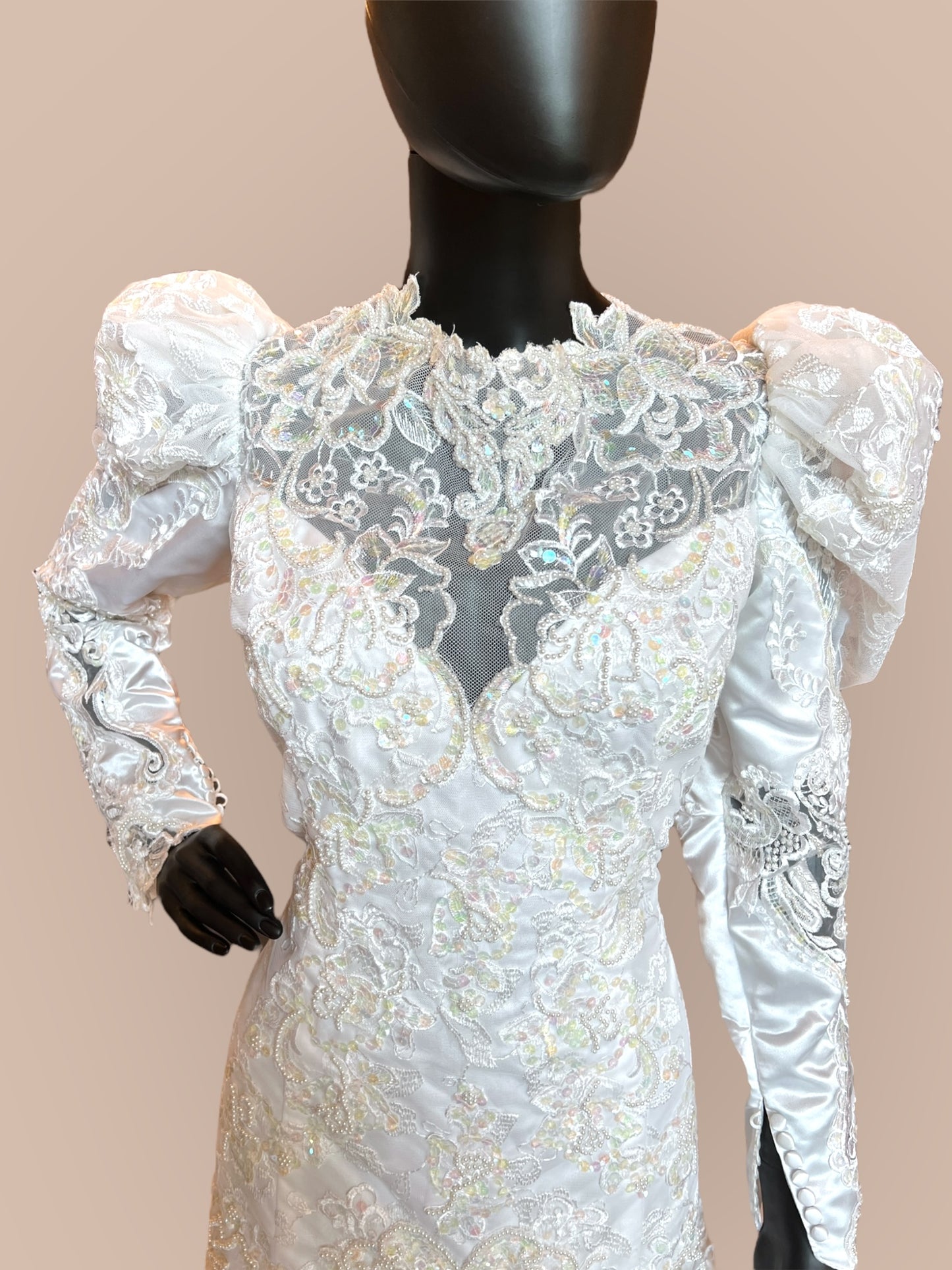 Vintage 90s Lace Sleeve High Neck Wedding Gown