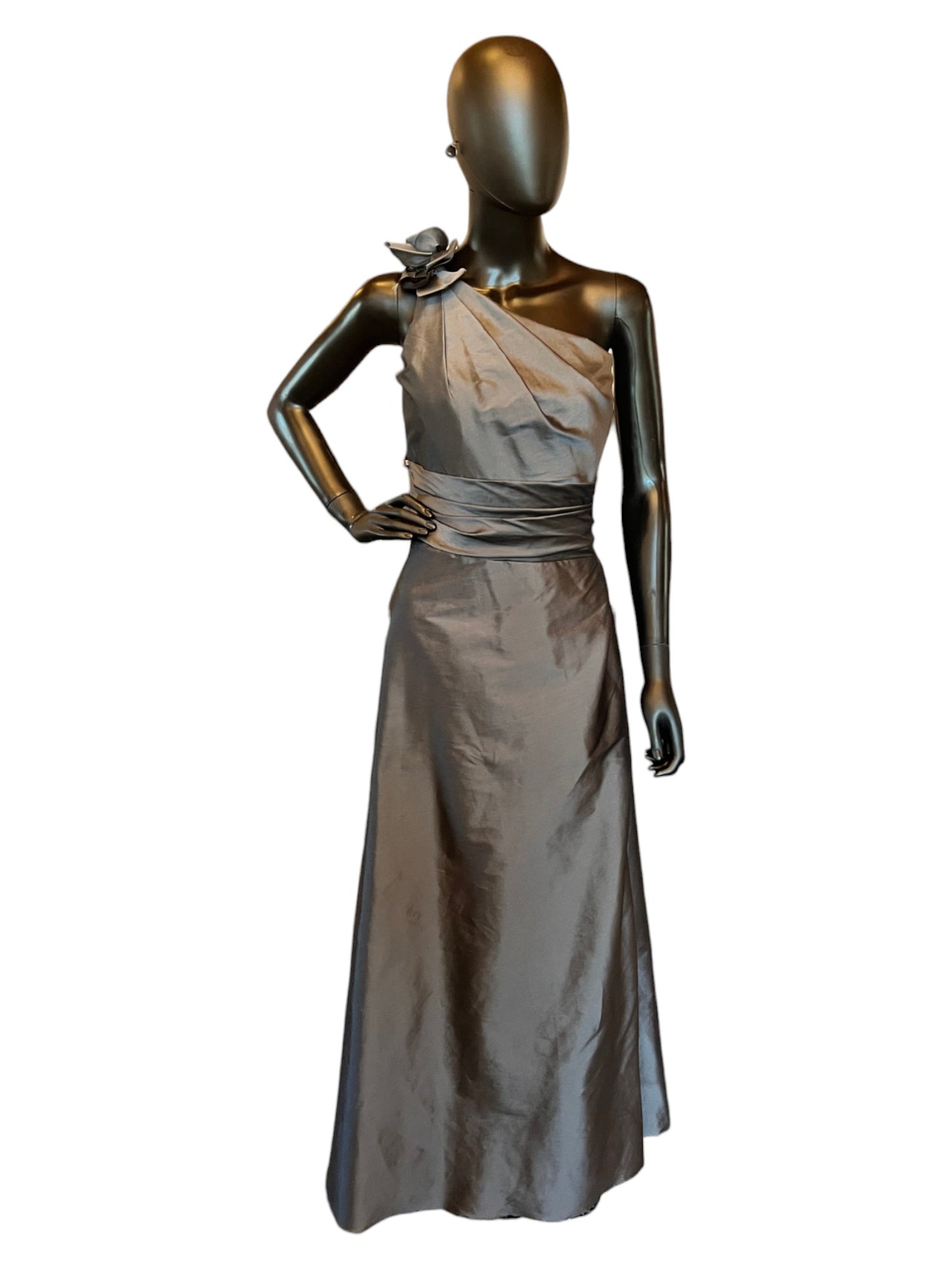 Charcoal Taffeta One Shoulder Full Length Formal Gown