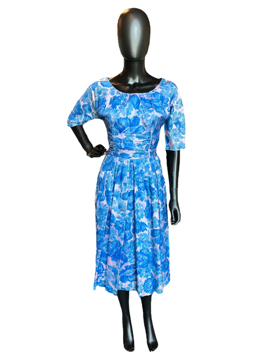 Vintage 60s Blue/Rose Floral Cocktail Dress