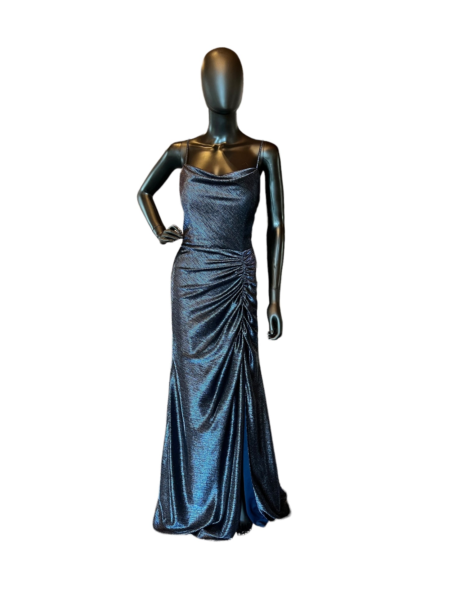 Hayley Paige Liquid Metallic Navy Bridesmaid Maxi Formal Dress