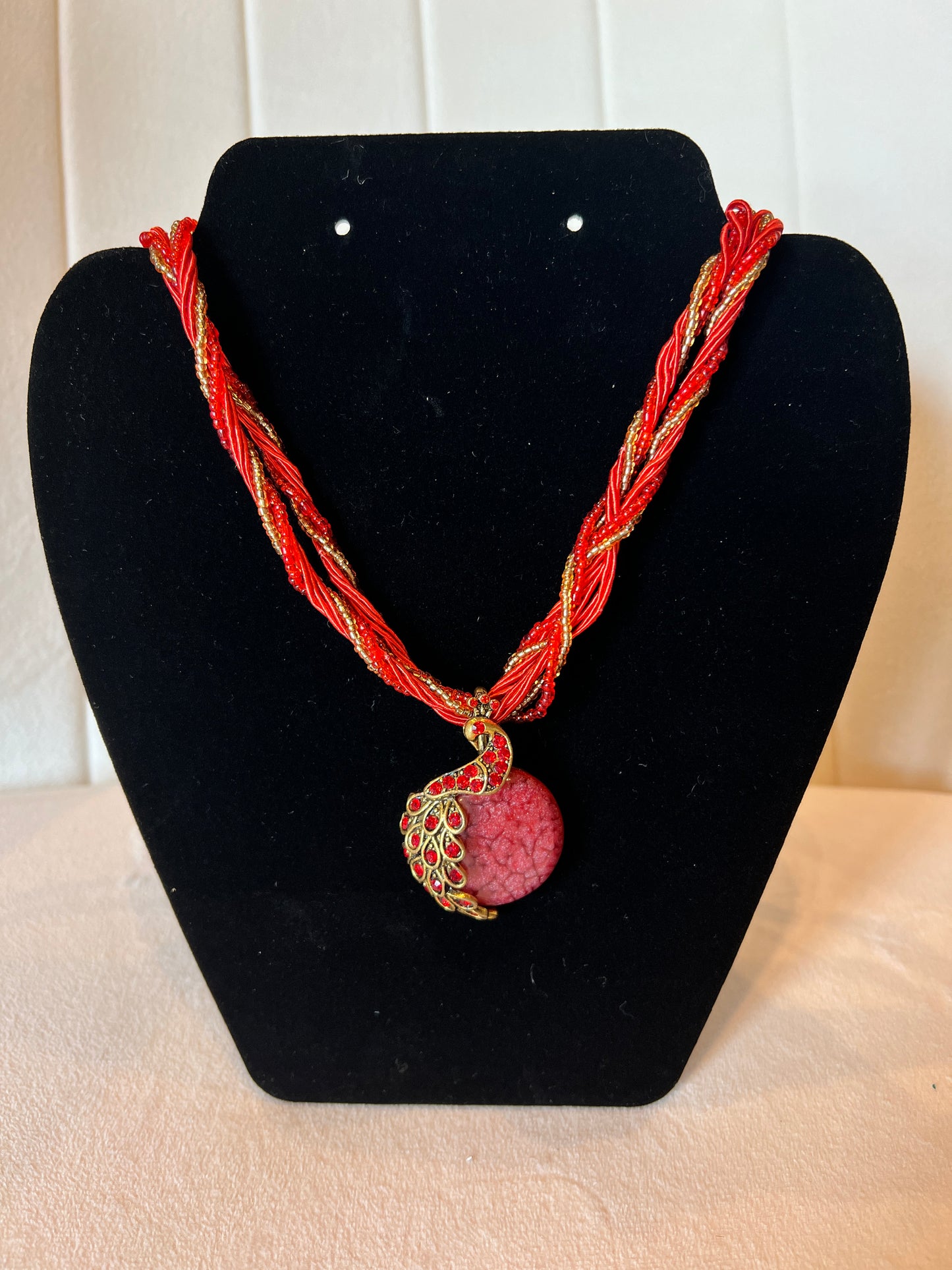 Red Beaded / Stone Peacock Necklace