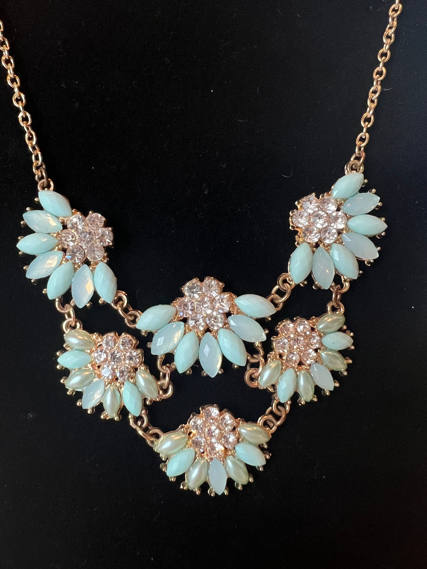 Turquois/Gold/Crystal Flower Bib Necklace